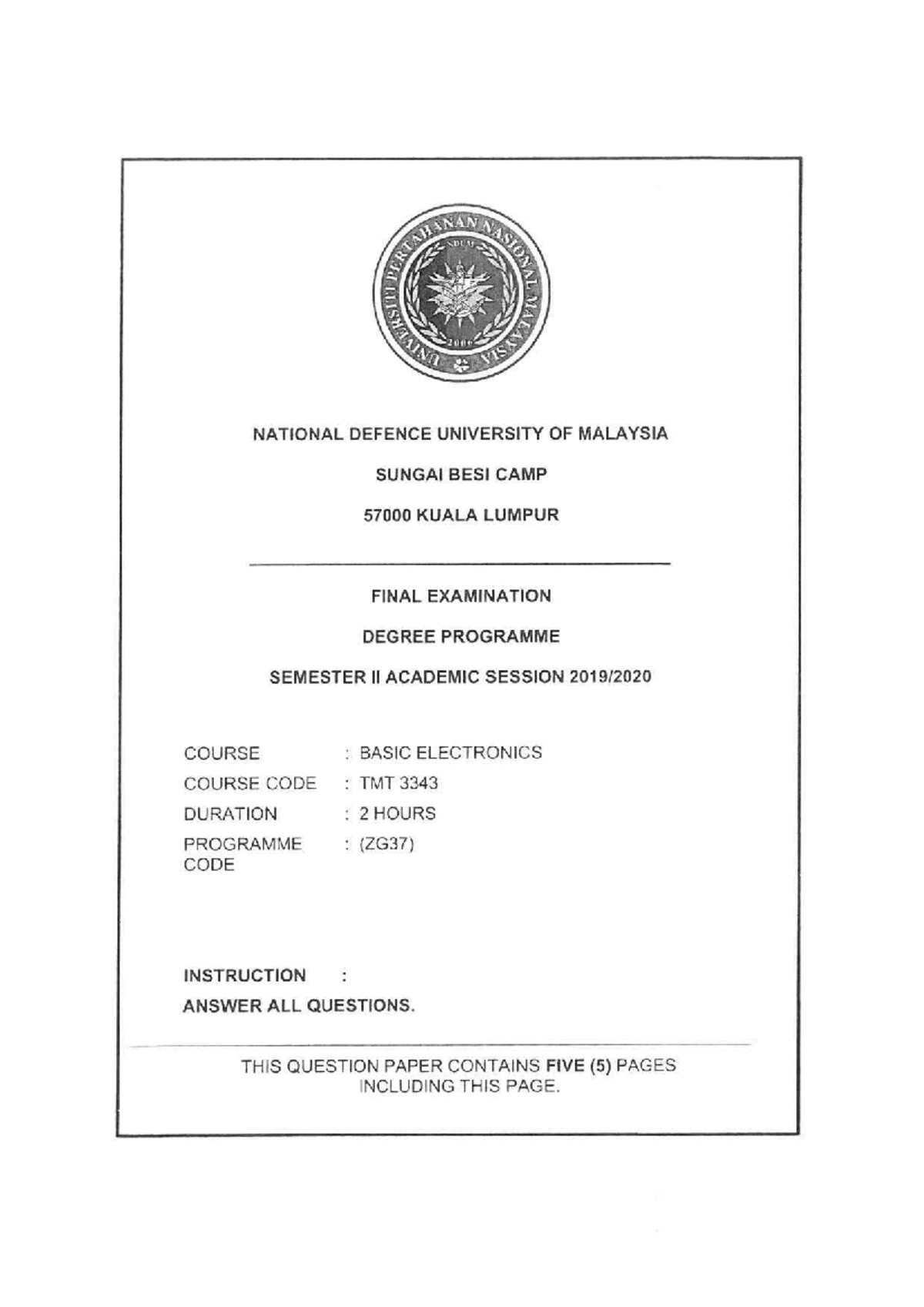 Exam Question 2019 - past examm - DEPARTMENT SDUM UNIVERSITY 2006 ...