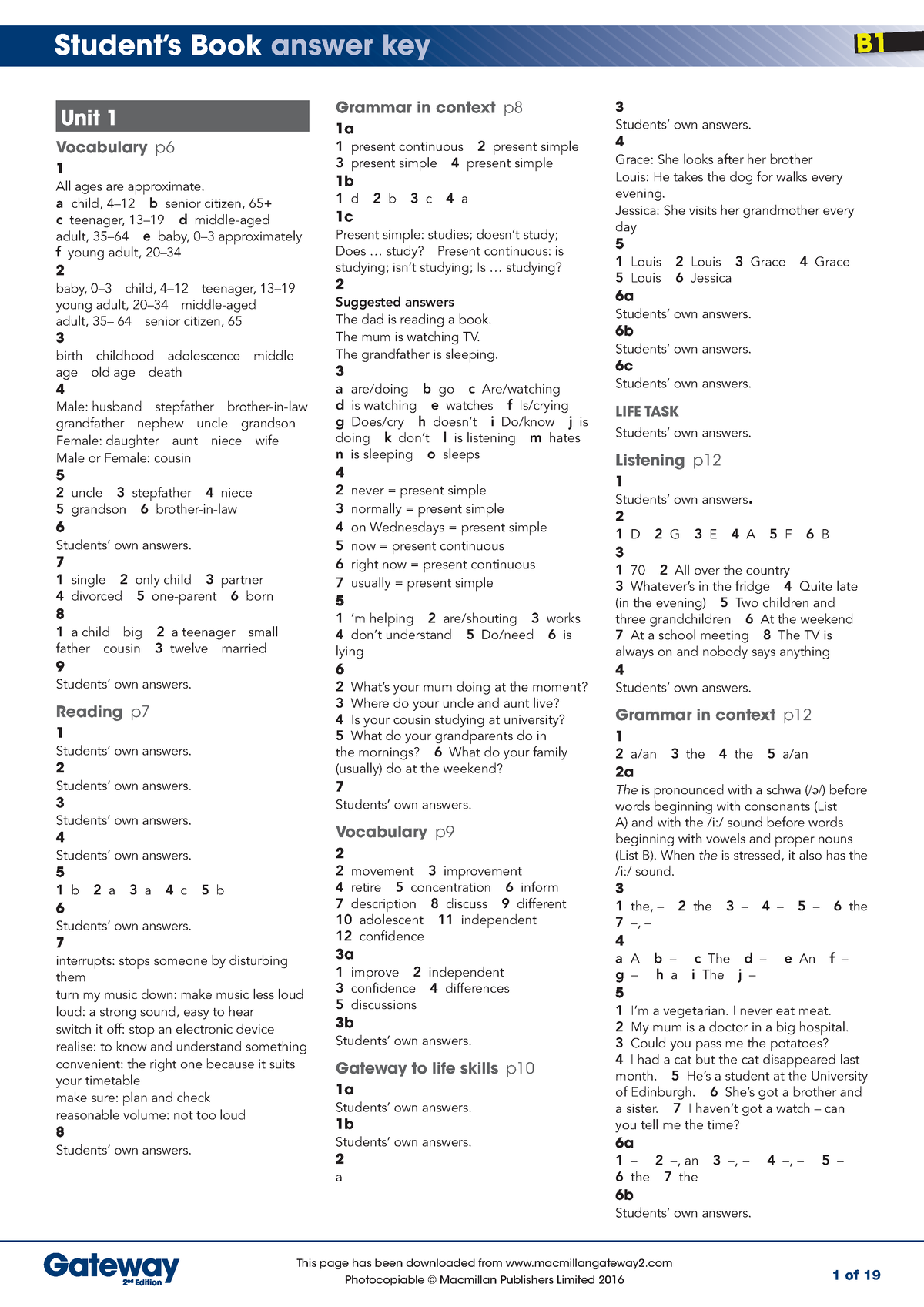 B1 Gateway St.book answers - 1 of 19 Grammar in context p 1a 1 present  continuous 2 present simple 3 - Studocu