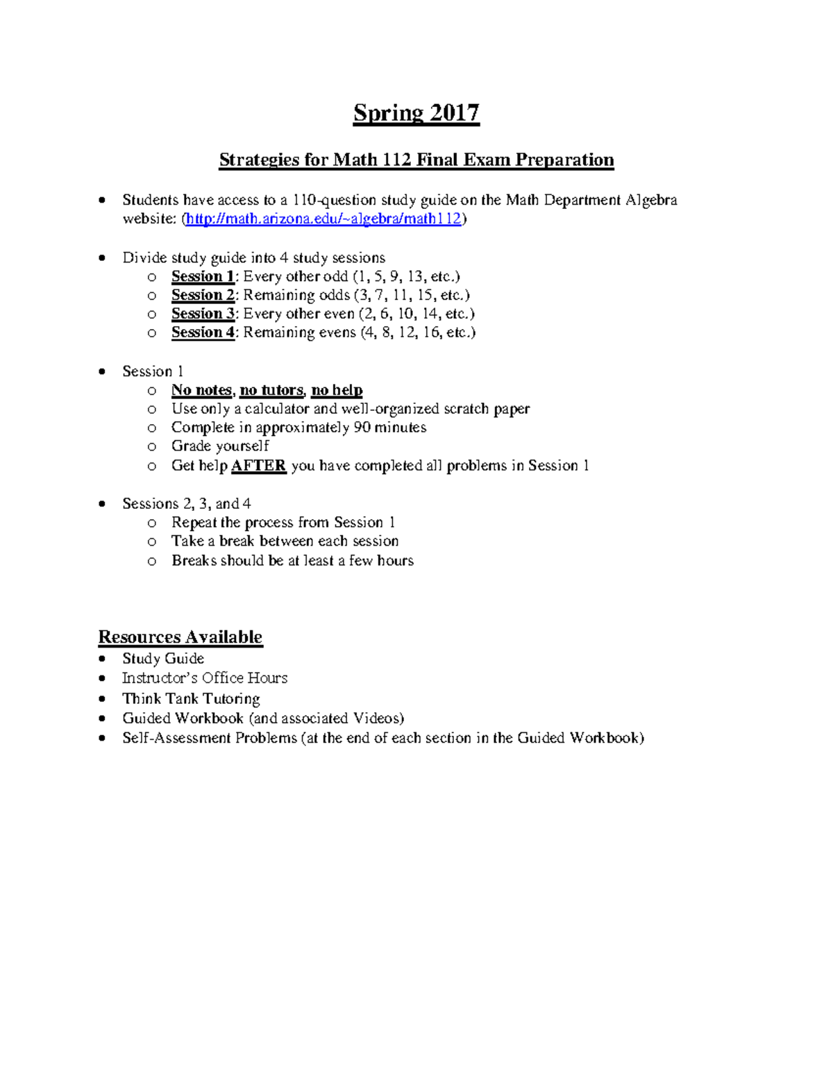 Spring 2017 Math 112 Final Exam Strategies - Spring 2017 Strategies For ...