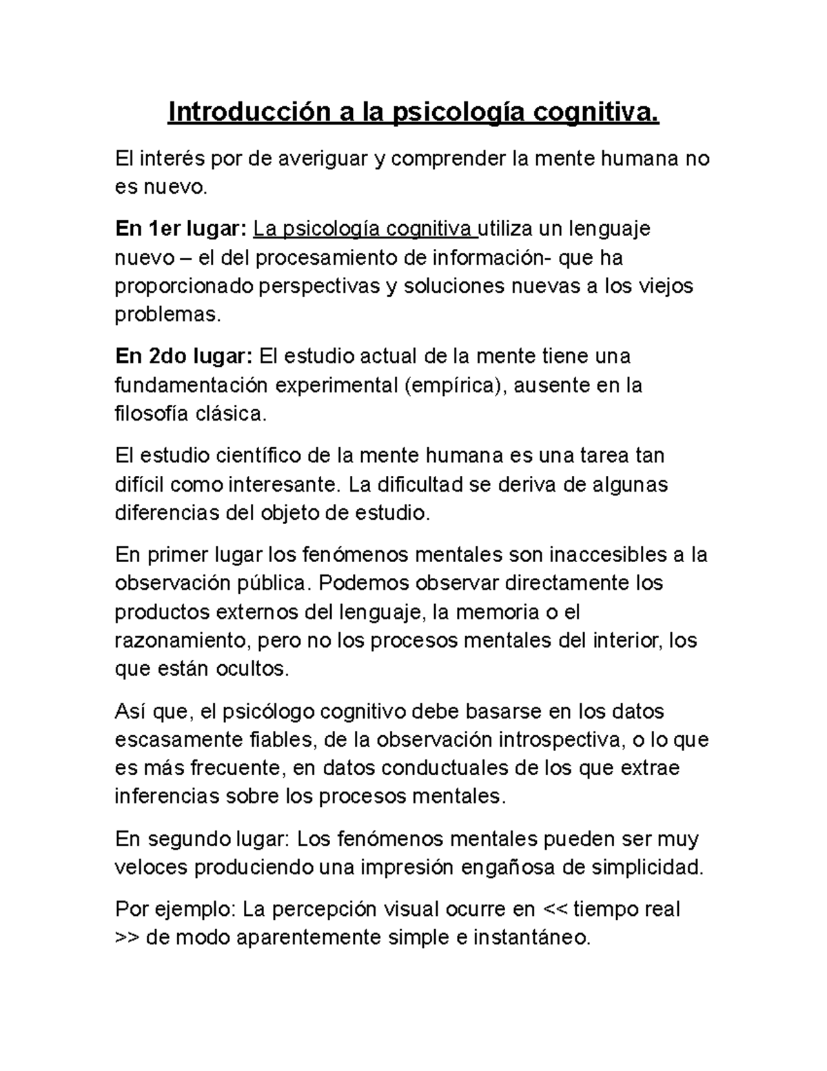 Introducción a la psicología cognitiva - a la cognitiva. El por de ...