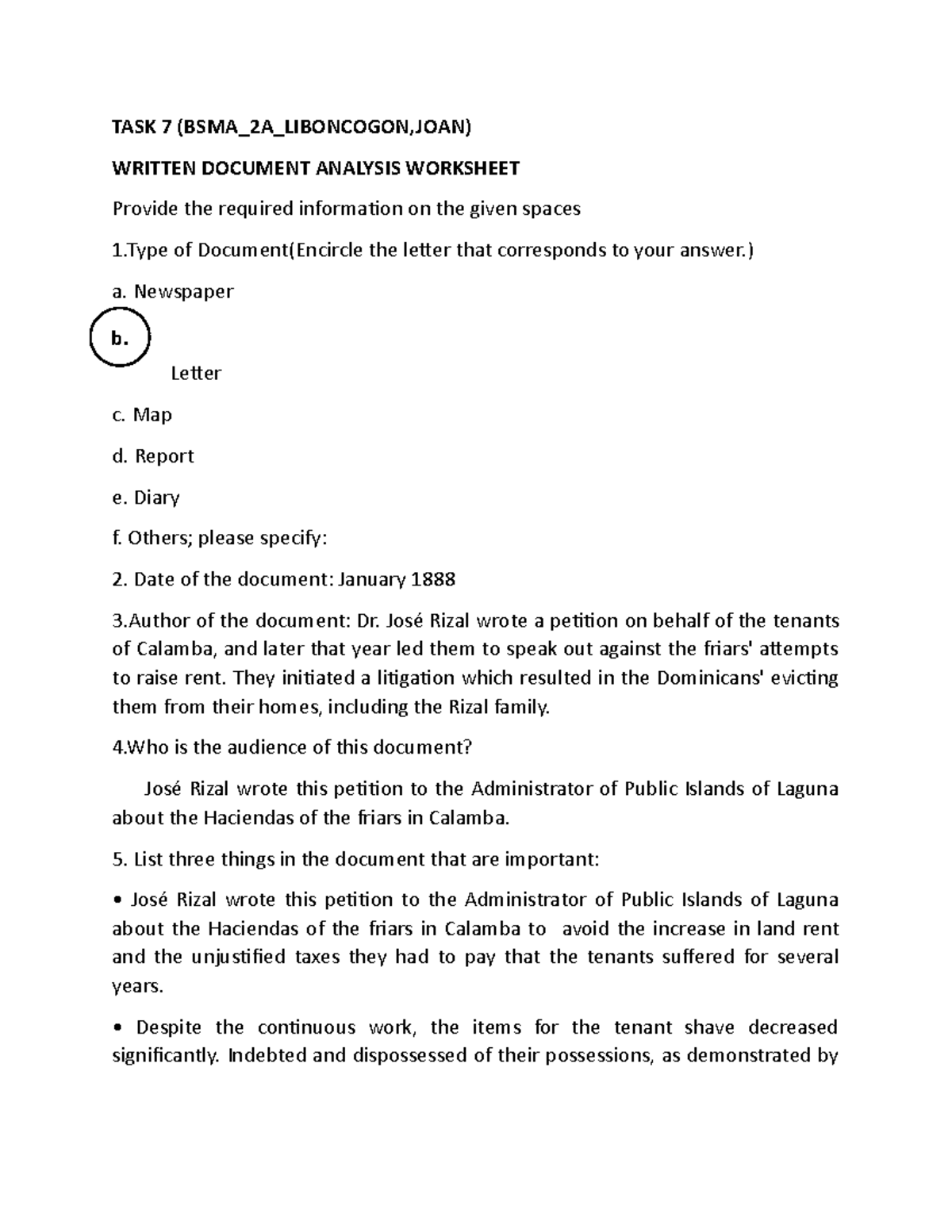 Document - TASK 200 (BSMA_20A_LIBONCOGON,JOAN) WRITTEN DOCUMENT Inside Written Document Analysis Worksheet Answers