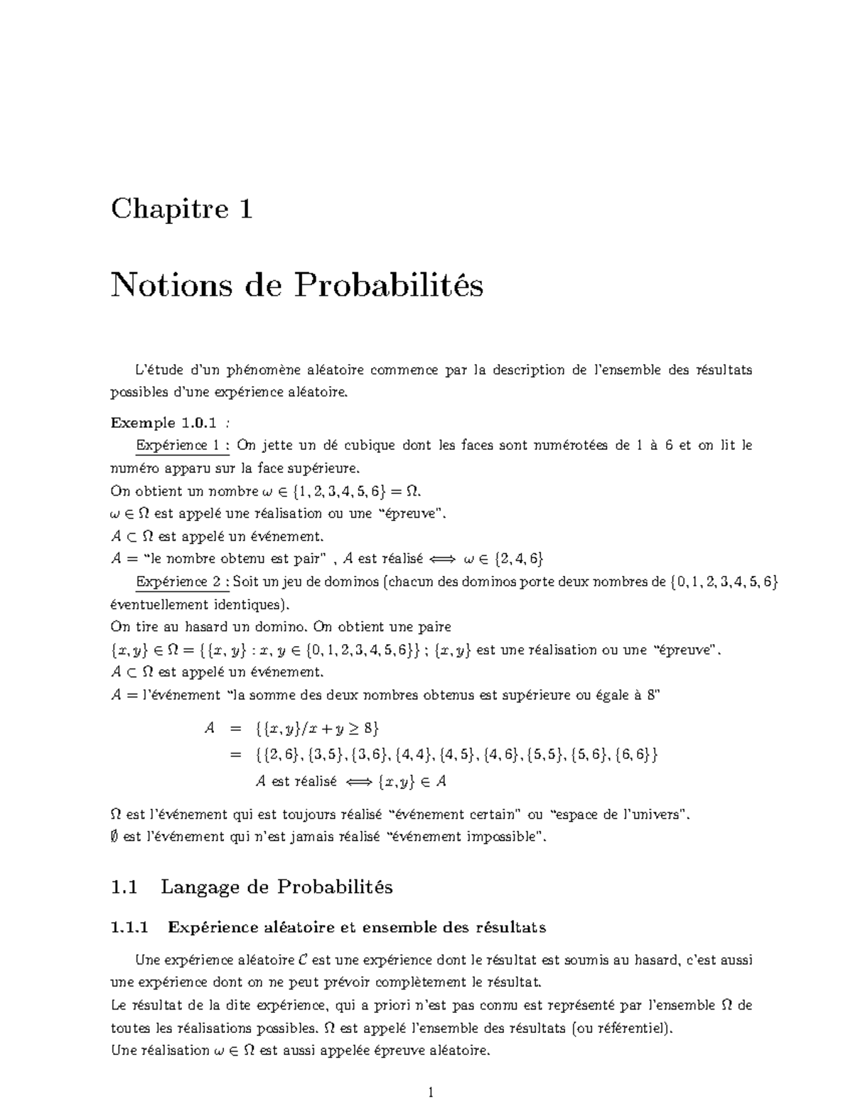 Cours Probabilite Chapitre 1 Chapitre 1 Notions De Probabilités L Cours Probabilite Chapitre 1 Chapitre 1 Notions De Probabilités L