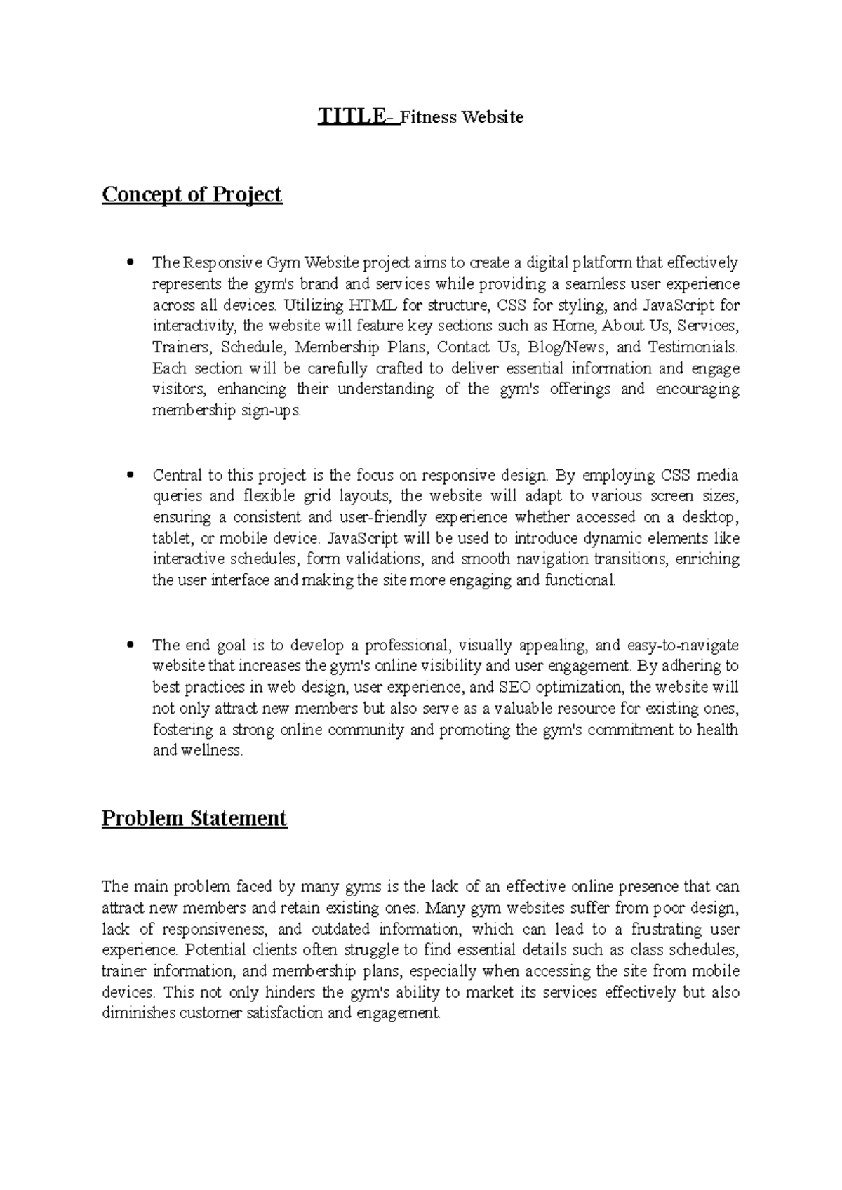 Concept Note GYM - This is very useful. - TITLE- Fitness Website ...