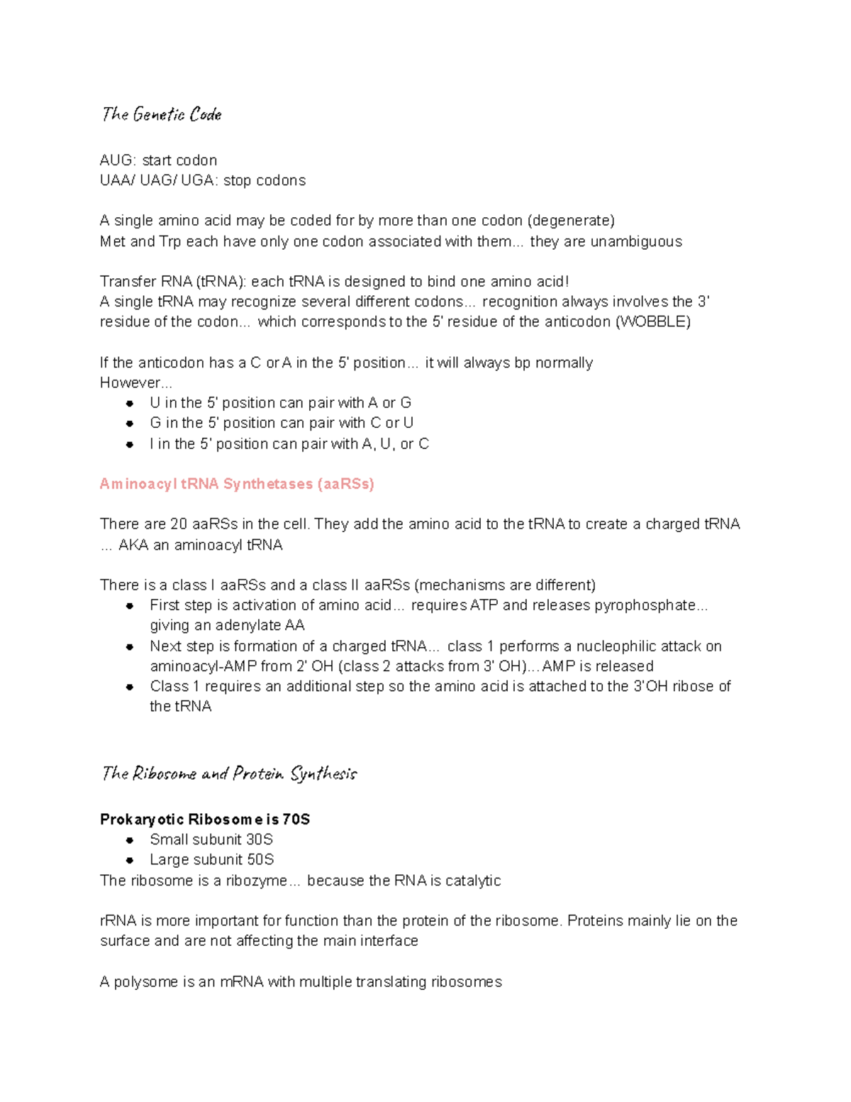 Genetic Code, Protein Synthesis and Protein Targeting - The ic C AUG ...