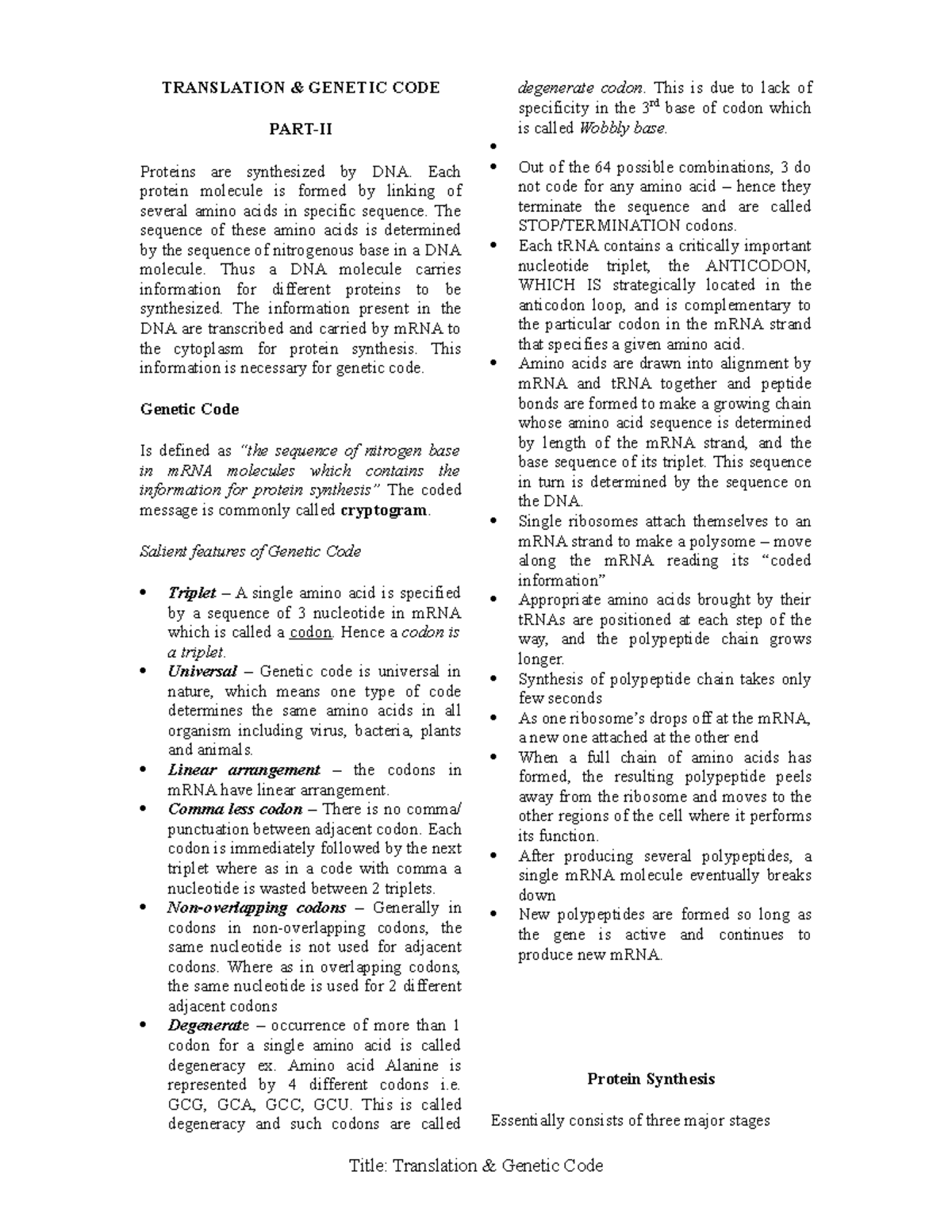 Translation & Genetic Code - TRANSLATION & GENETIC CODE PART-II ...