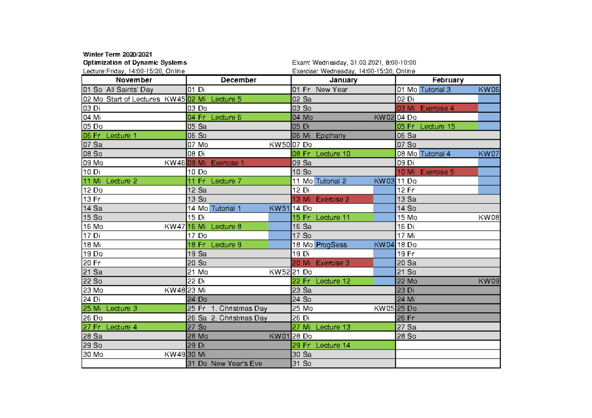 ODS Schedule WT 20 21 Schedule Winter Term Winter Term 2020/ Optimization of Dynamic Systems