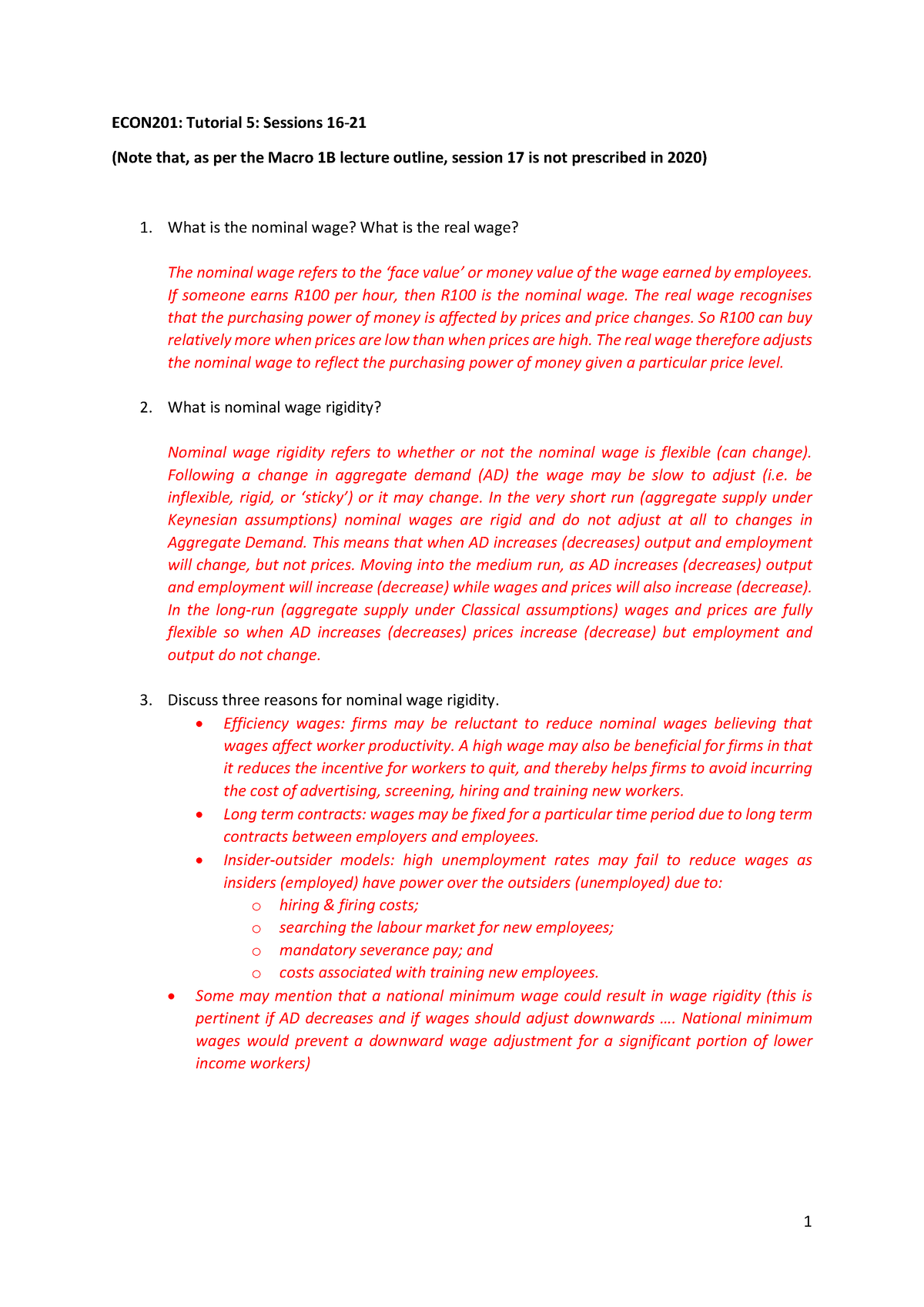 Tut 5 solutions - ECON201: Tutorial 5: Sessions 16- (Note that, as per ...