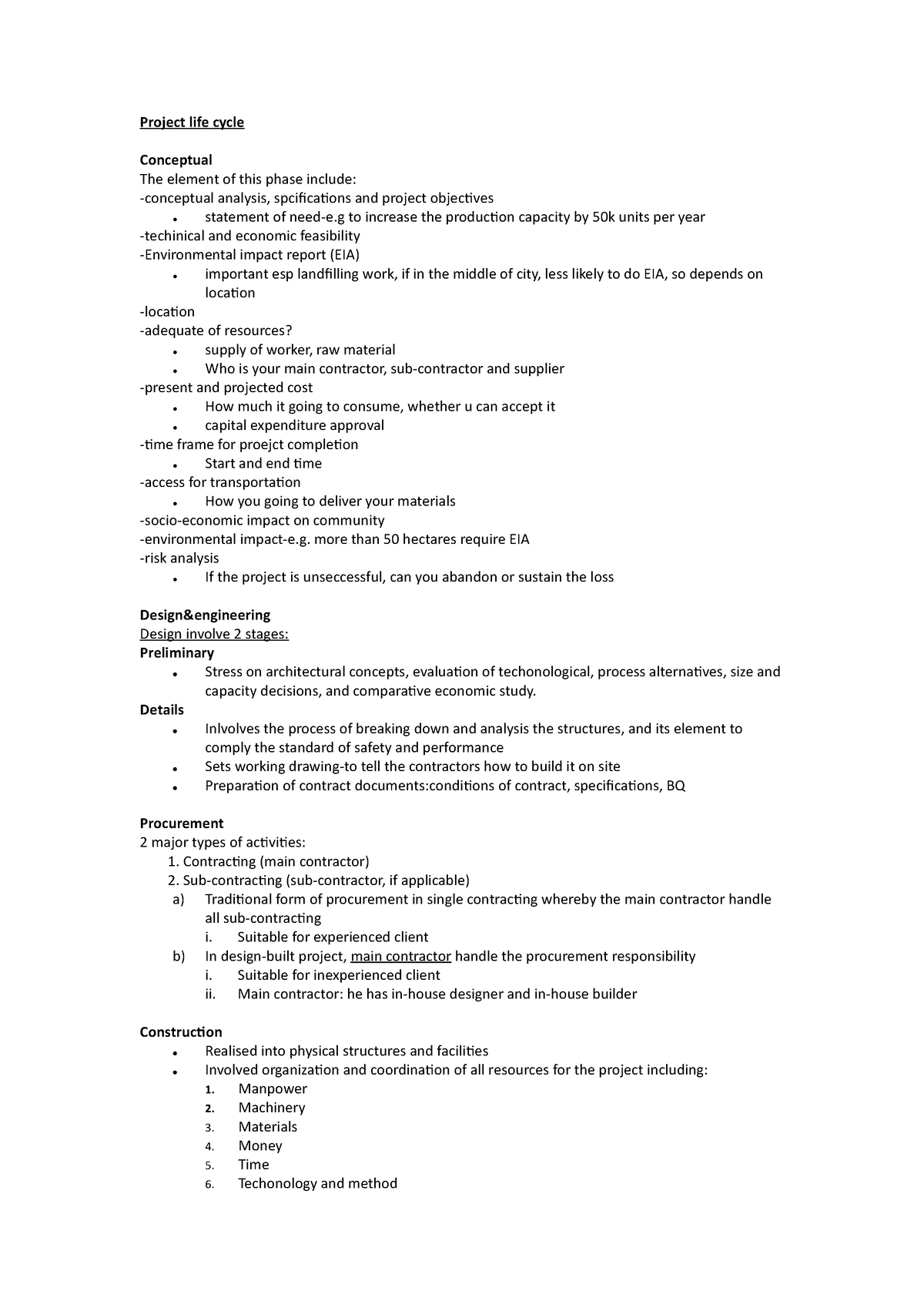 Final exam notes - Project life cycle Conceptual The element of this ...