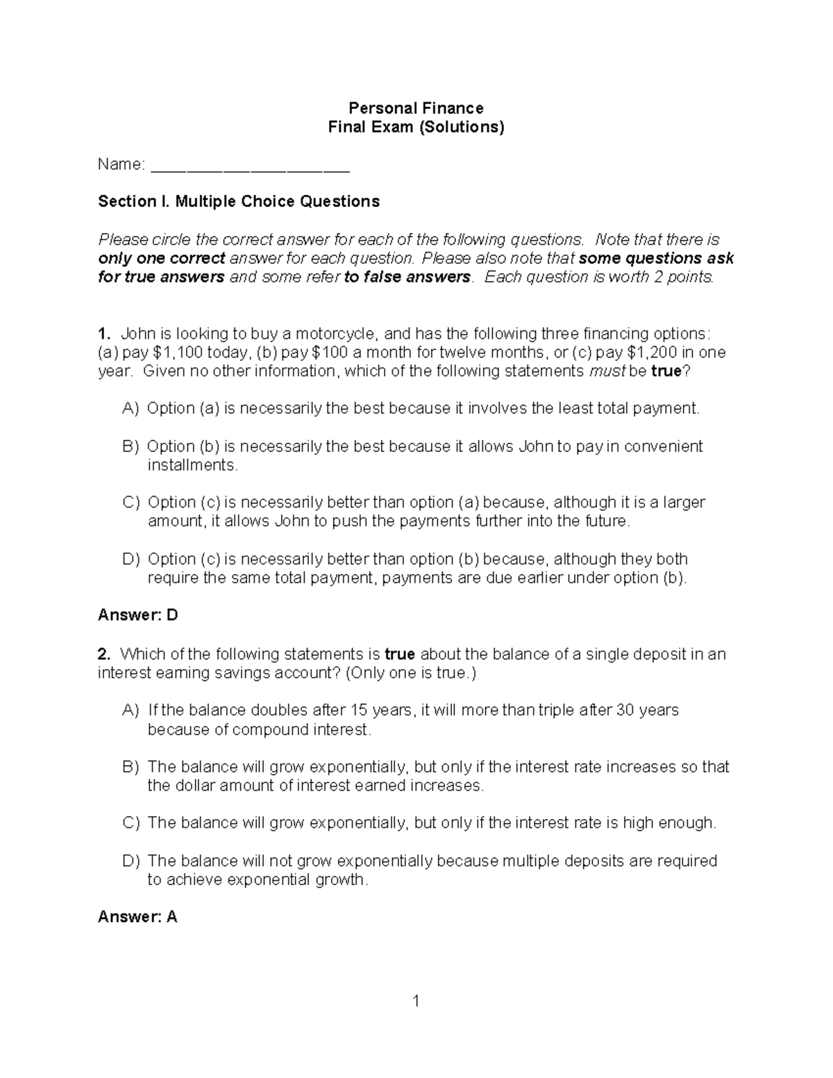 Final-Exam-Solutions - Personal Finance Final Exam (Solutions) Name