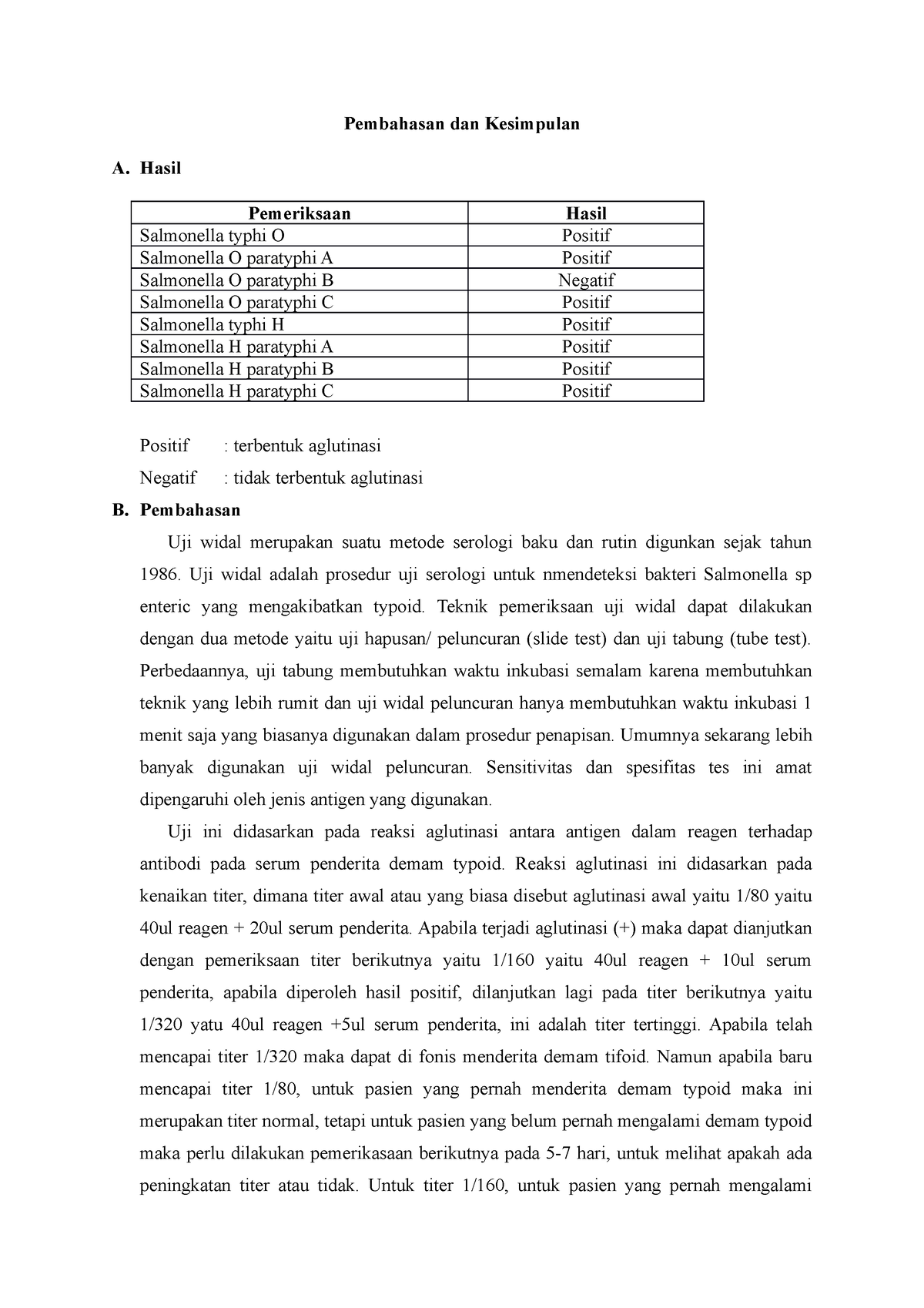 Tes Widal Selsamat Membaca Ya Teman Teman Pembahasan Dan Kesimpulan A Hasil Pemeriksaan