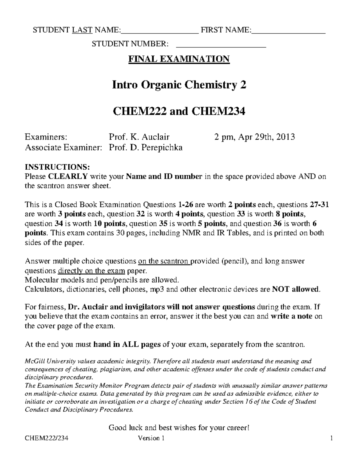 Exam 29 April 2013, questions Final exam Organic Chemistry 2