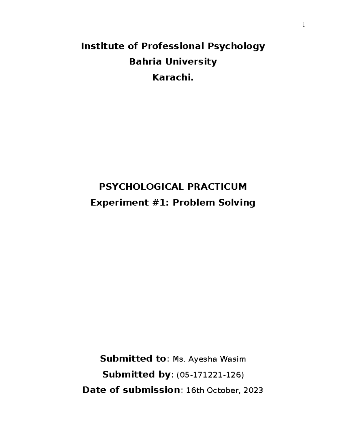 Psychological Practicum Experiment 1 - Institute of Professional ...