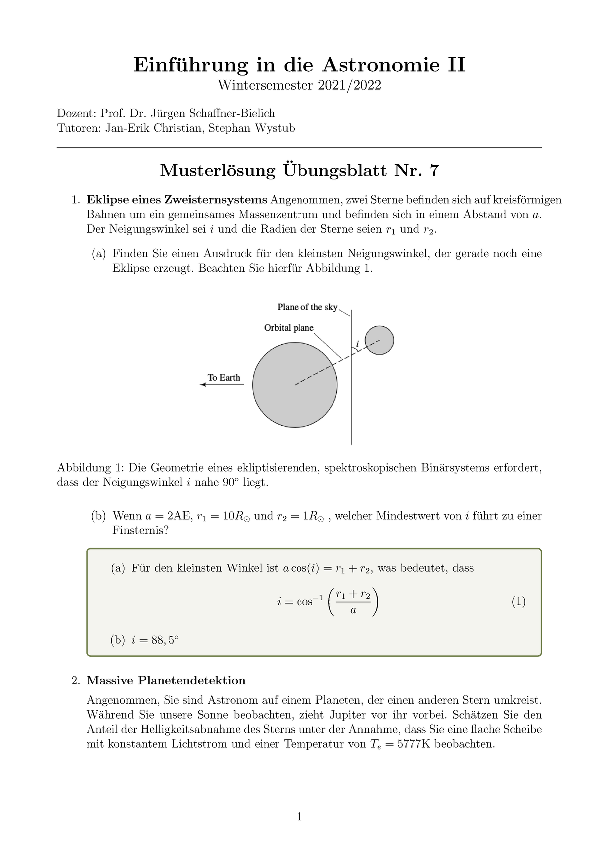 Blatt 07 Astro II Musterloesung - Einf ̈uhrung In Die Astronomie II ...