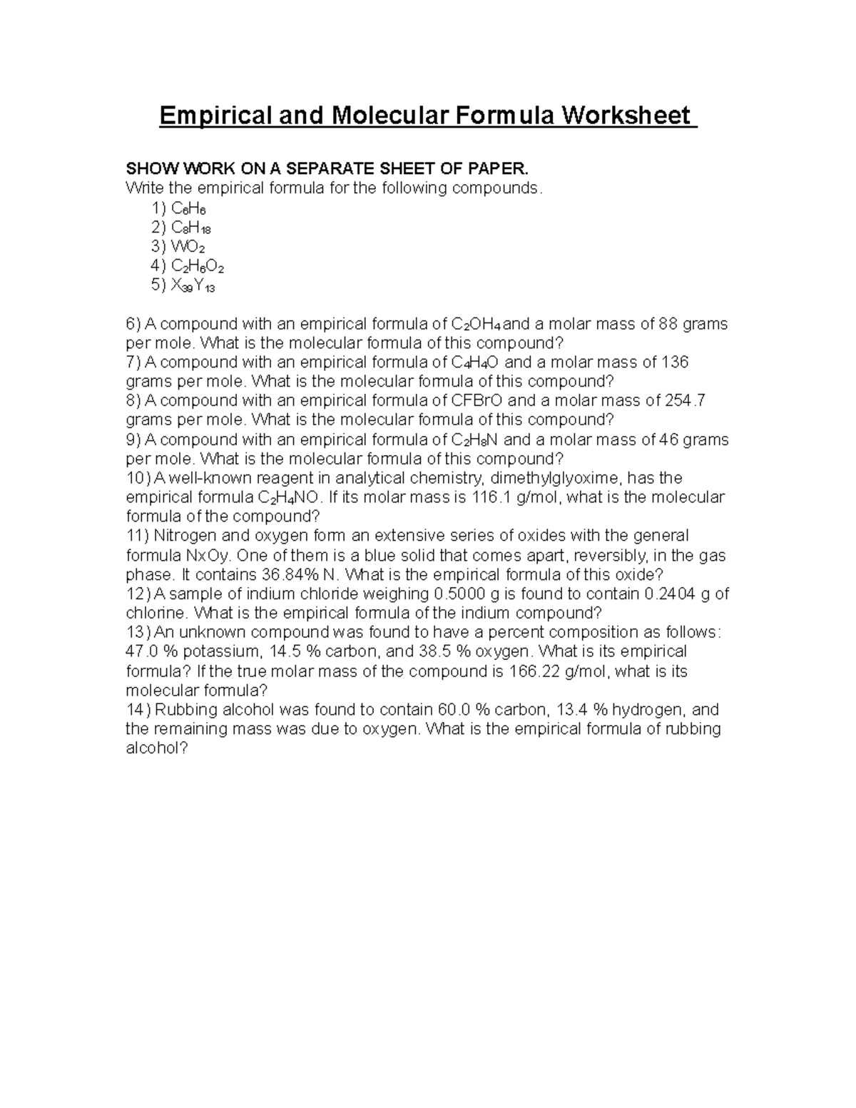 1 Empirical And Molecular Formula 1 Empirical And Molecular Formula Worksheet Show Work On 3289