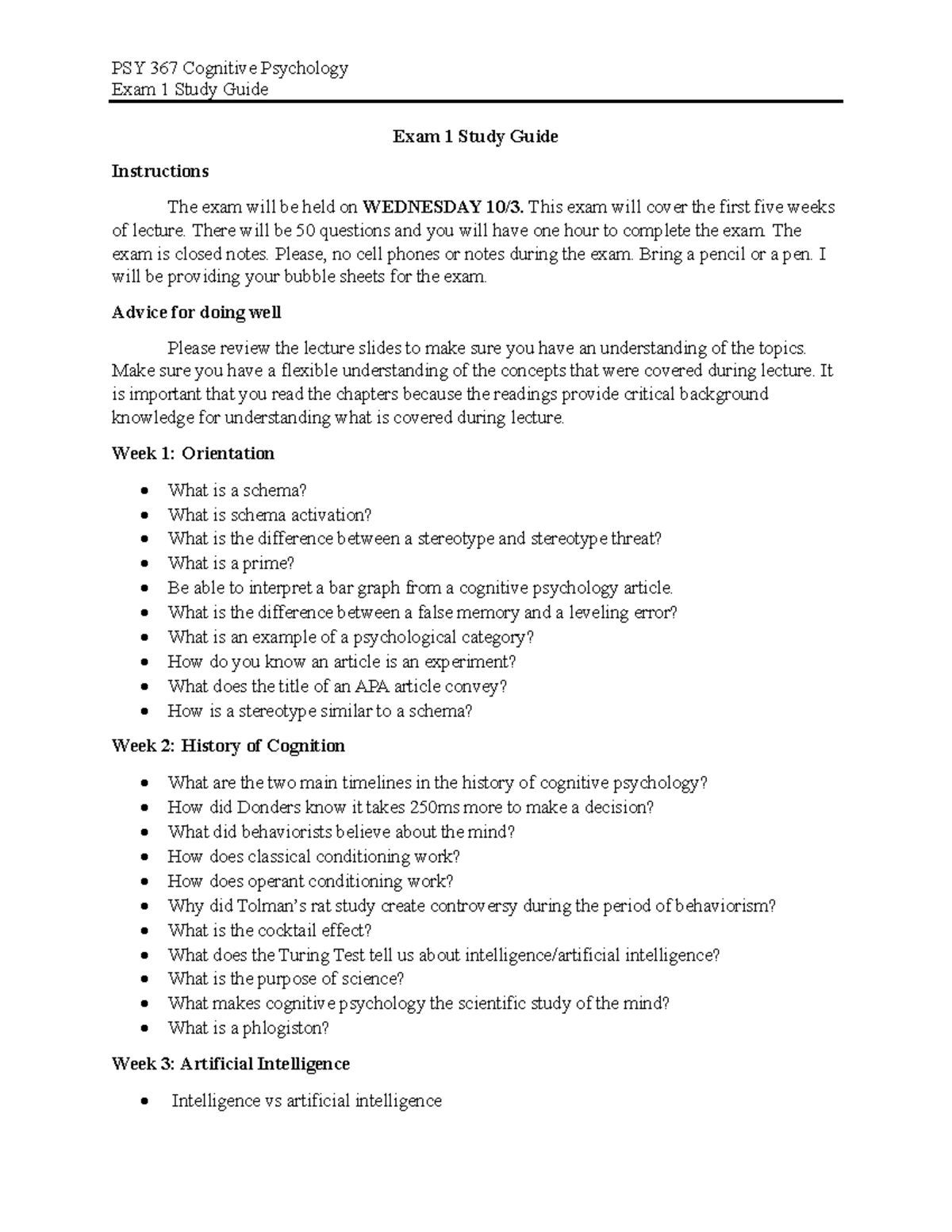 PSY 367 Exam 1 - Study Guide for Exam 1 of Cognitive Psychology - PSY ...