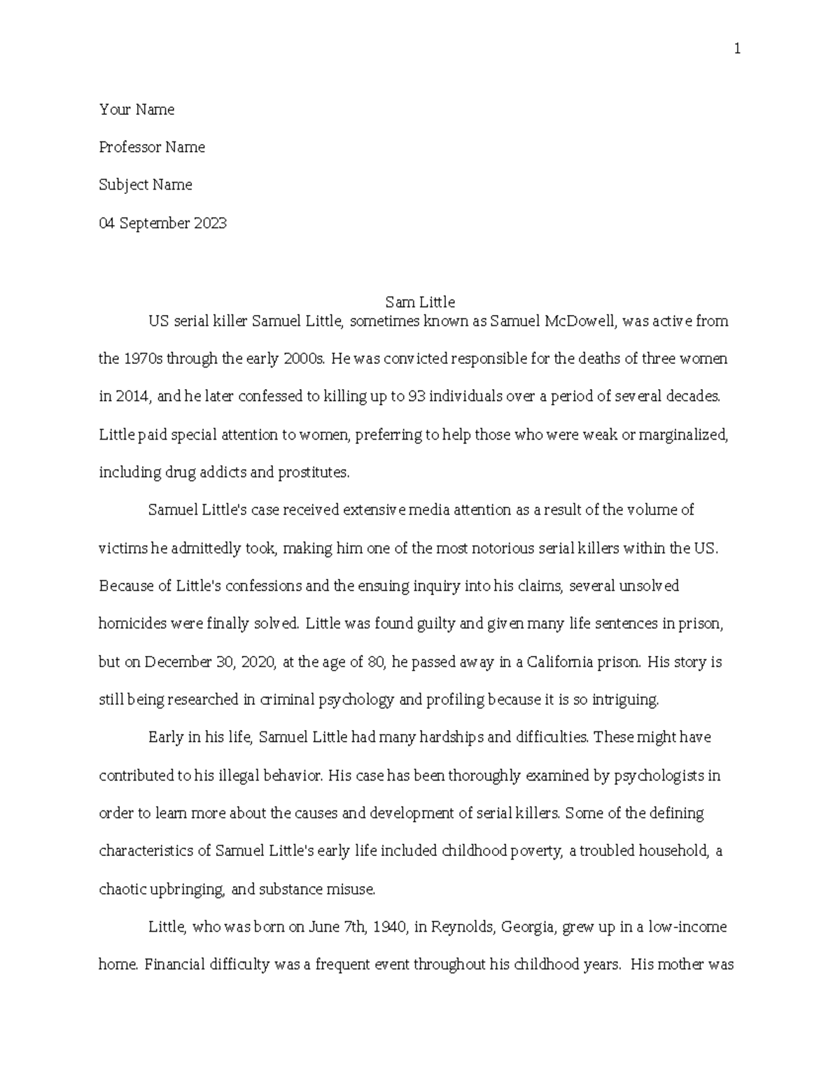 Sam Little - Your Name Professor Name Subject Name 04 September 2023 US ...