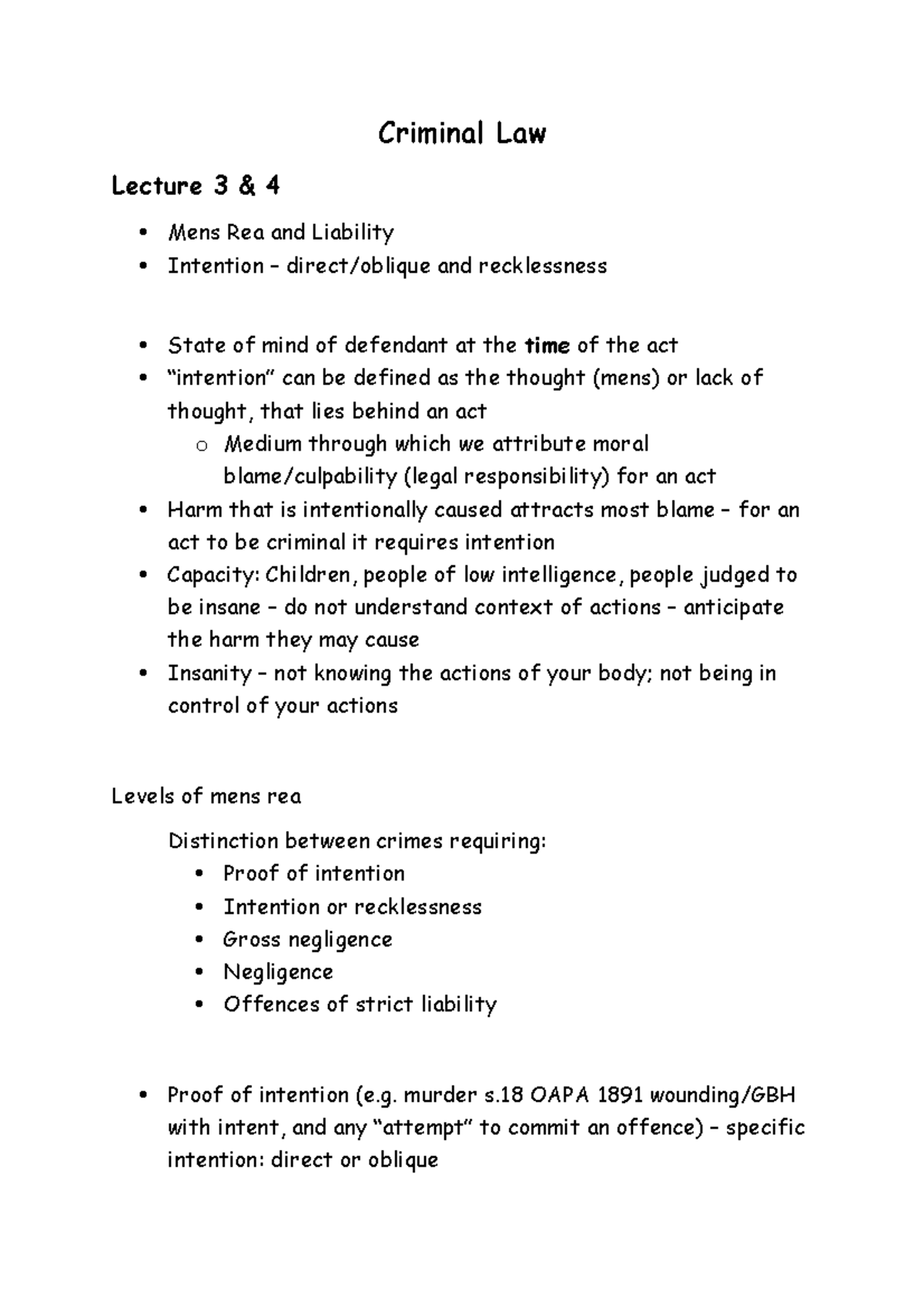 Criminal Law week 2 - Mens rea lecture notes - Criminal Law Lecture 3 ...