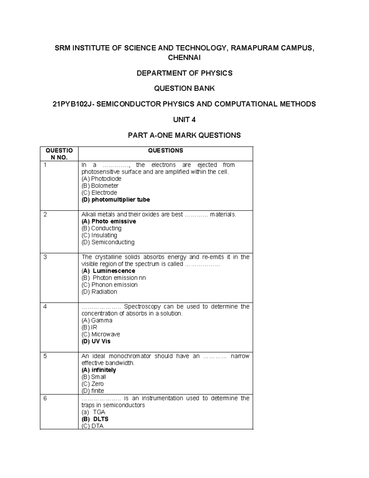 21PYB102J-UNIT 4- Question BANK - SRM INSTITUTE OF SCIENCE AND ...