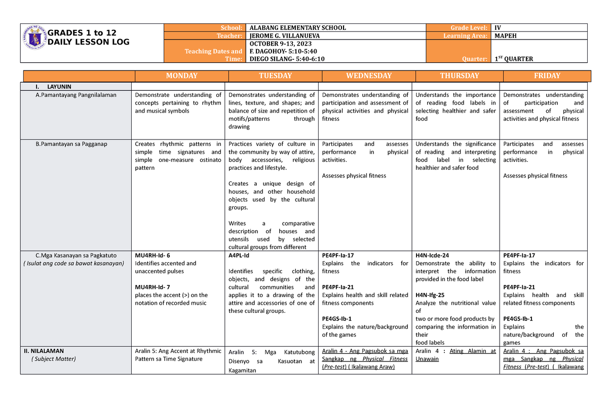 DLL Mapeh 4 Q1 W6 - Daily Lesson Log For Teachers - GRADES 1 To 12 ...