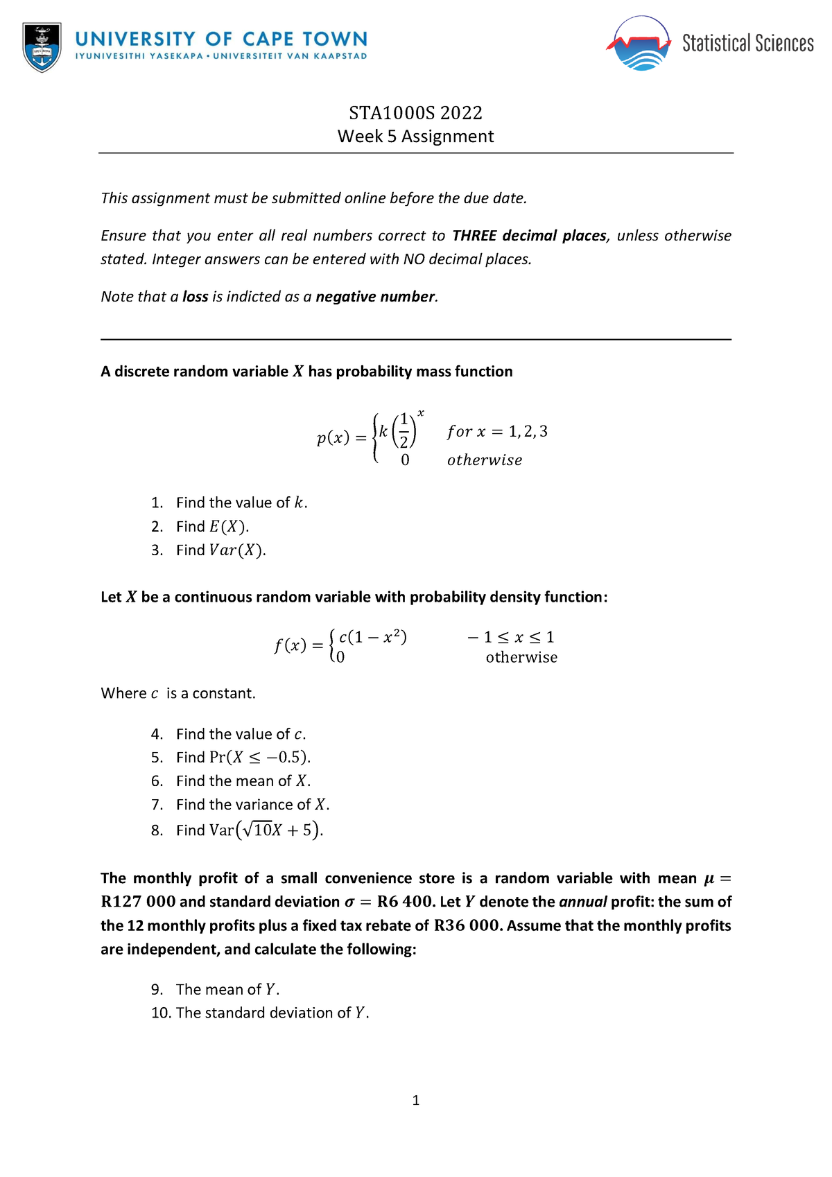 Assignment+5+STA1000S+2022 - 1 STA1000S 2022 Week 5 Assignment This ...