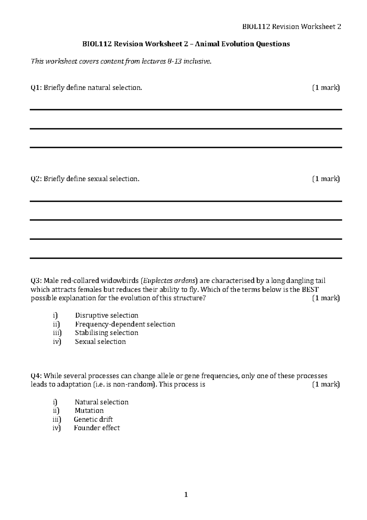 BIOL112 Revision Worksheet 2 Animal Evolution Questions BIOL112