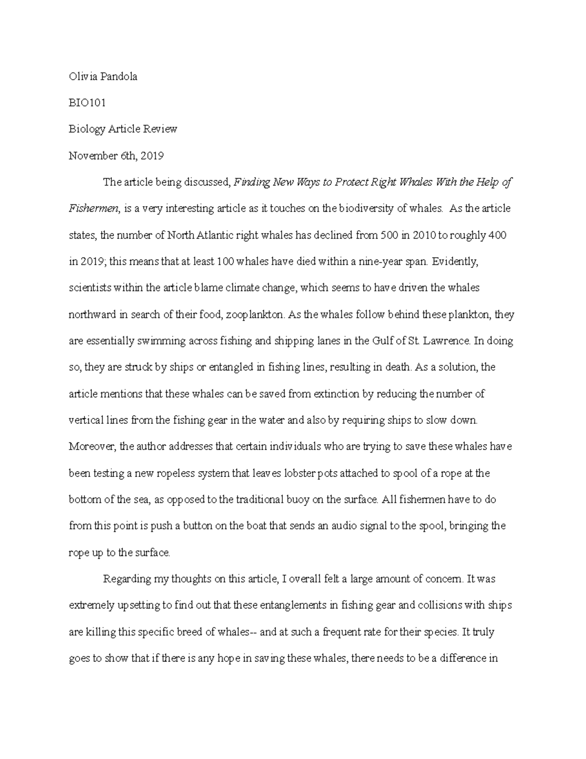 Biology Article Review 2 Olivia Pandola BIO Biology Article Review