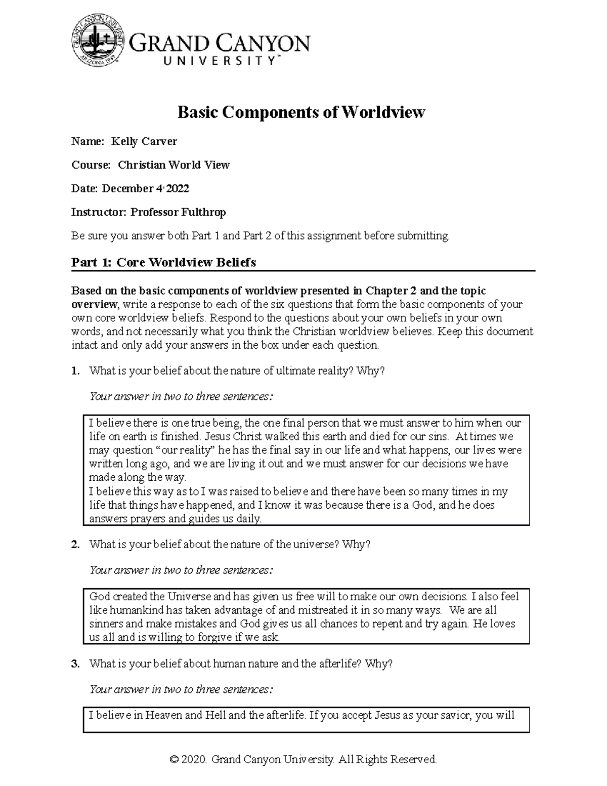 christian worldview paper assignment