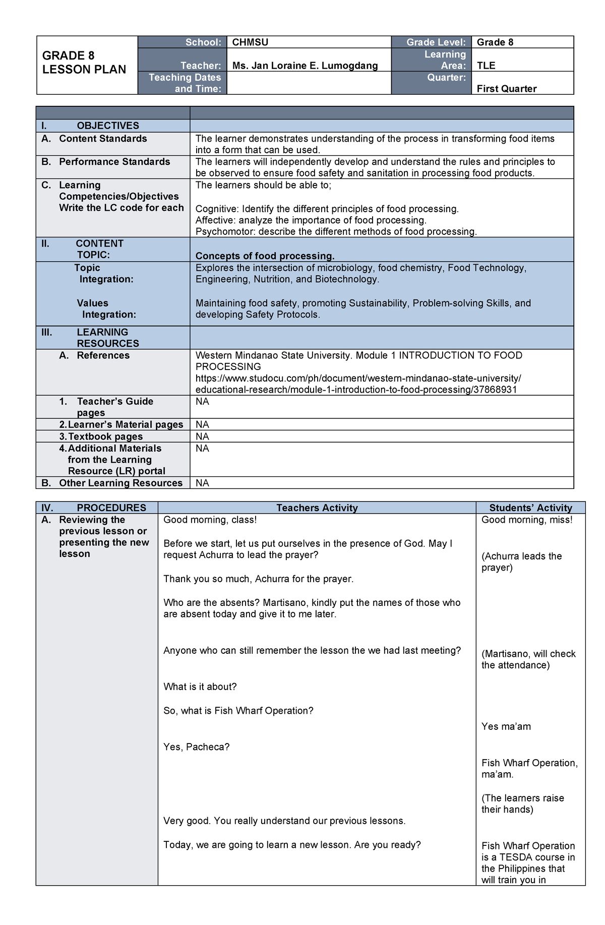 Lesson-PLAN- Lumogdang - GRADE 8 LESSON PLAN School: CHMSU Grade Level ...