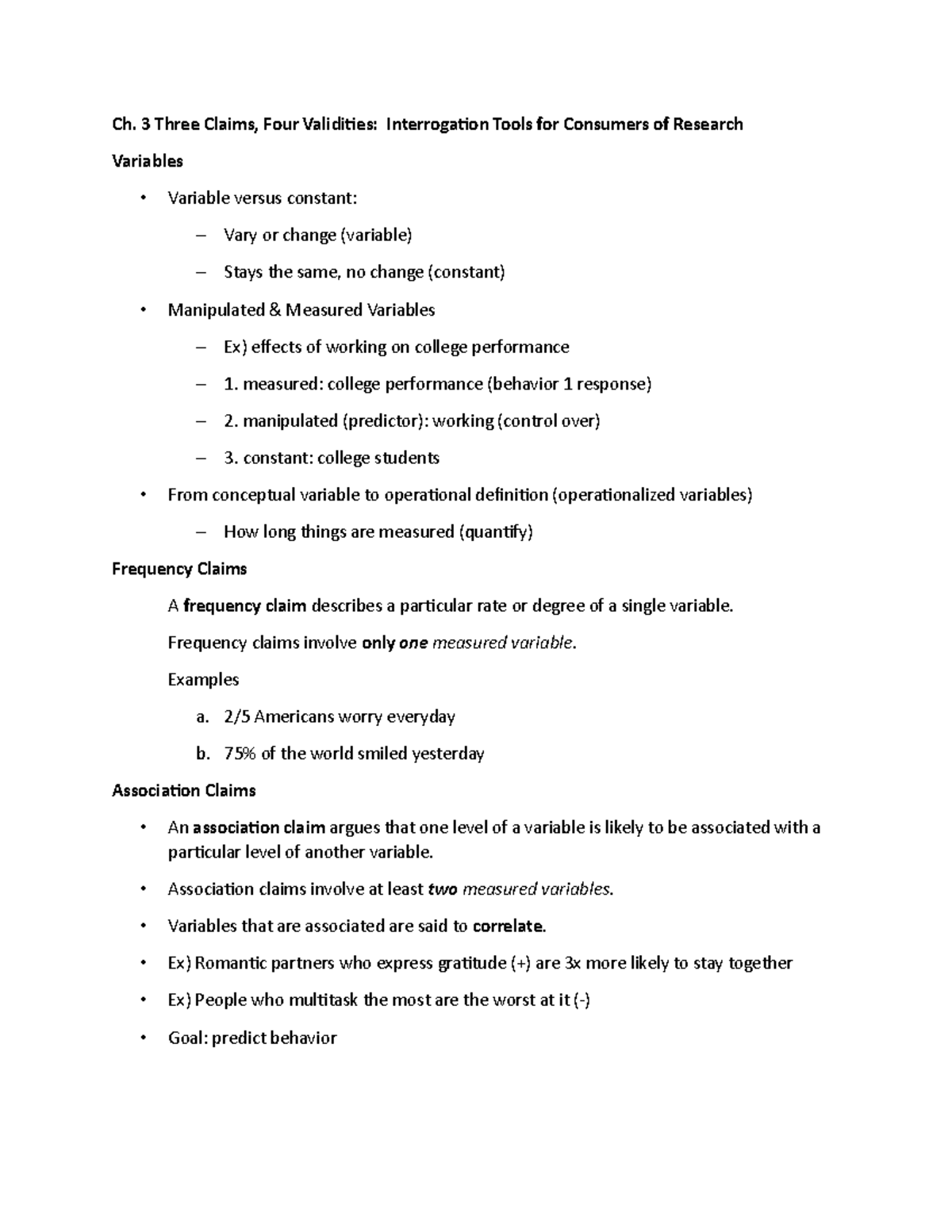 PSY 301 Chapter 3 Notes - Ch. 3 Three Claims, Four Validities ...