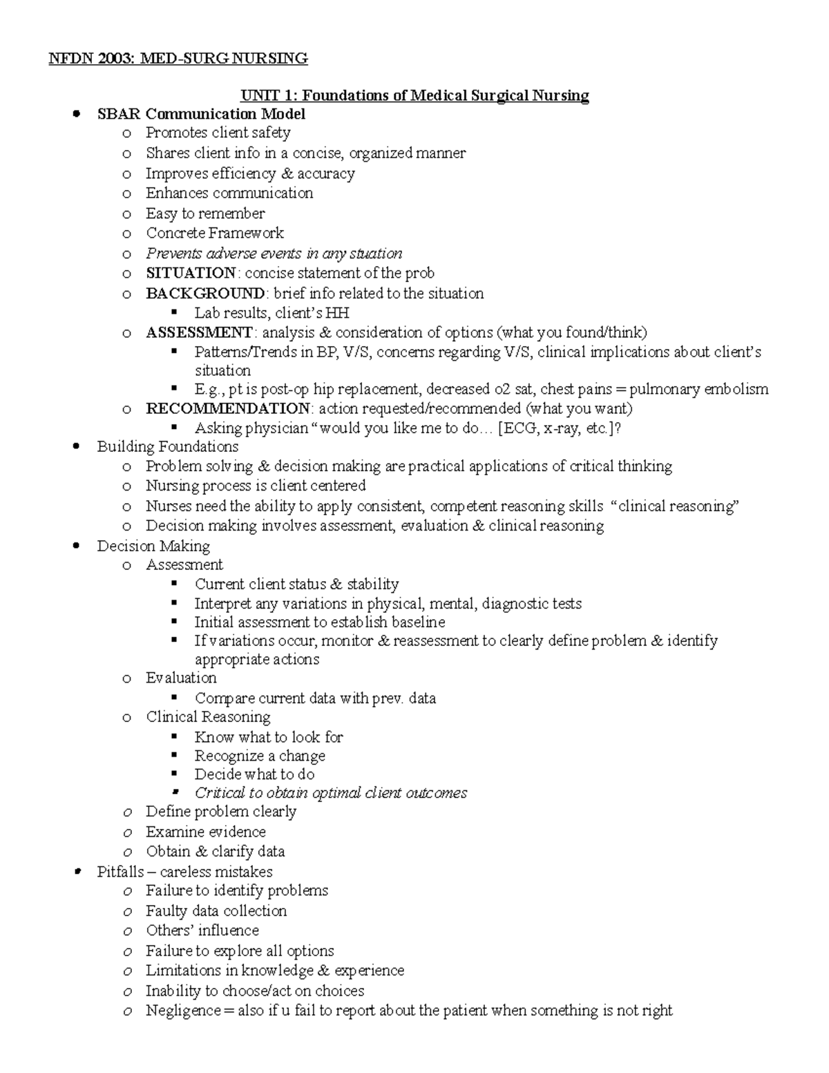 MS Unit 1 MS Unit 1 UNIT 1 Foundations of Medical Surgical Nursing