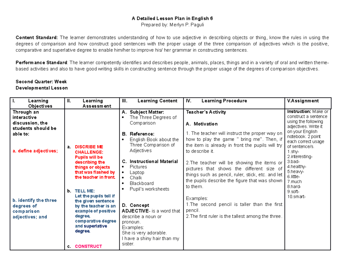 A Detailed Lesson Plan In English 1 Paguli Content Standard The