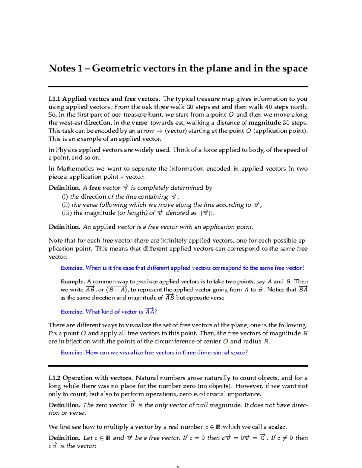 LAG1en V3 - aaa - Notes 1 – Geometric vectors in the plane and in the ...