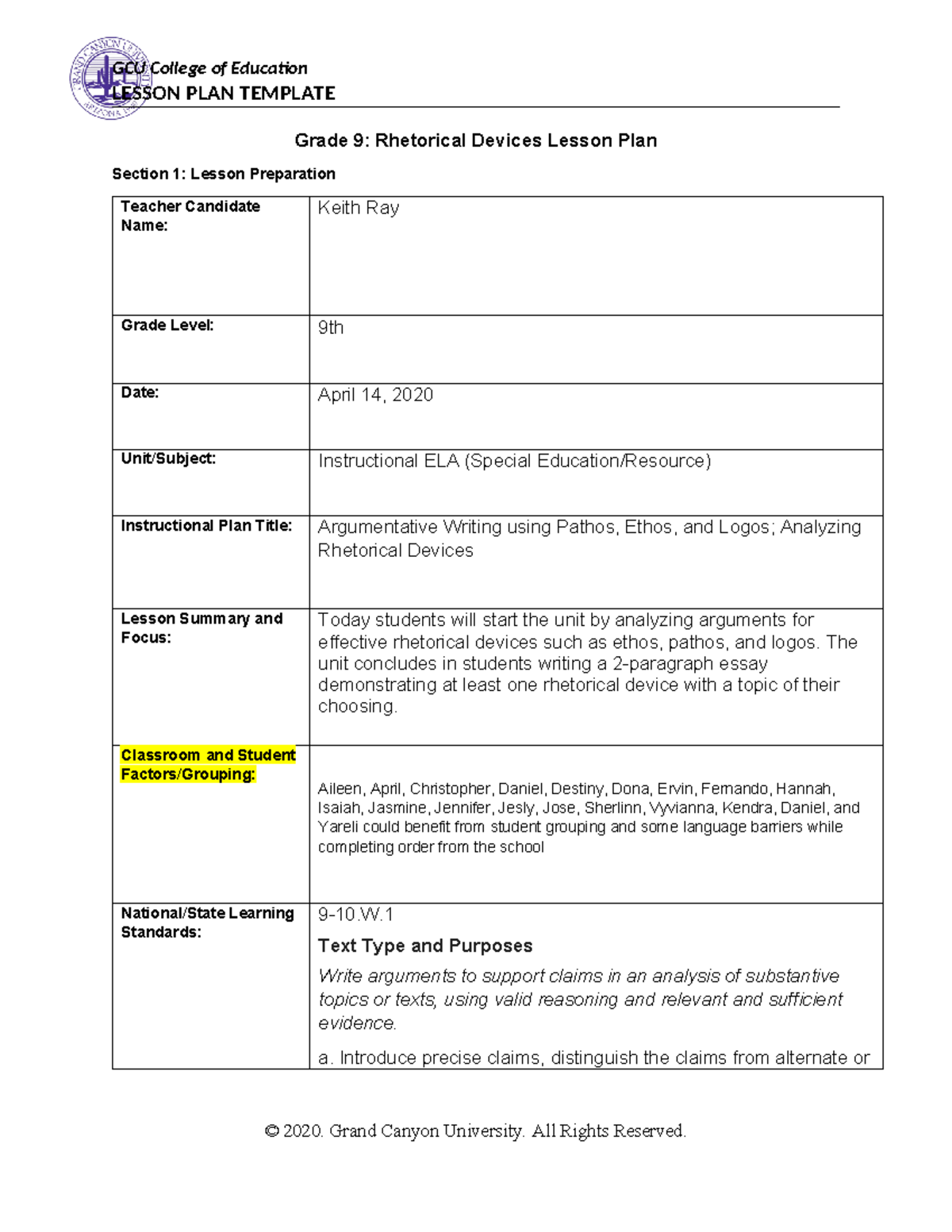 SPD-208 RS T4 Classroom Management Matrix - LESSON PLAN TEMPLATE Grade ...