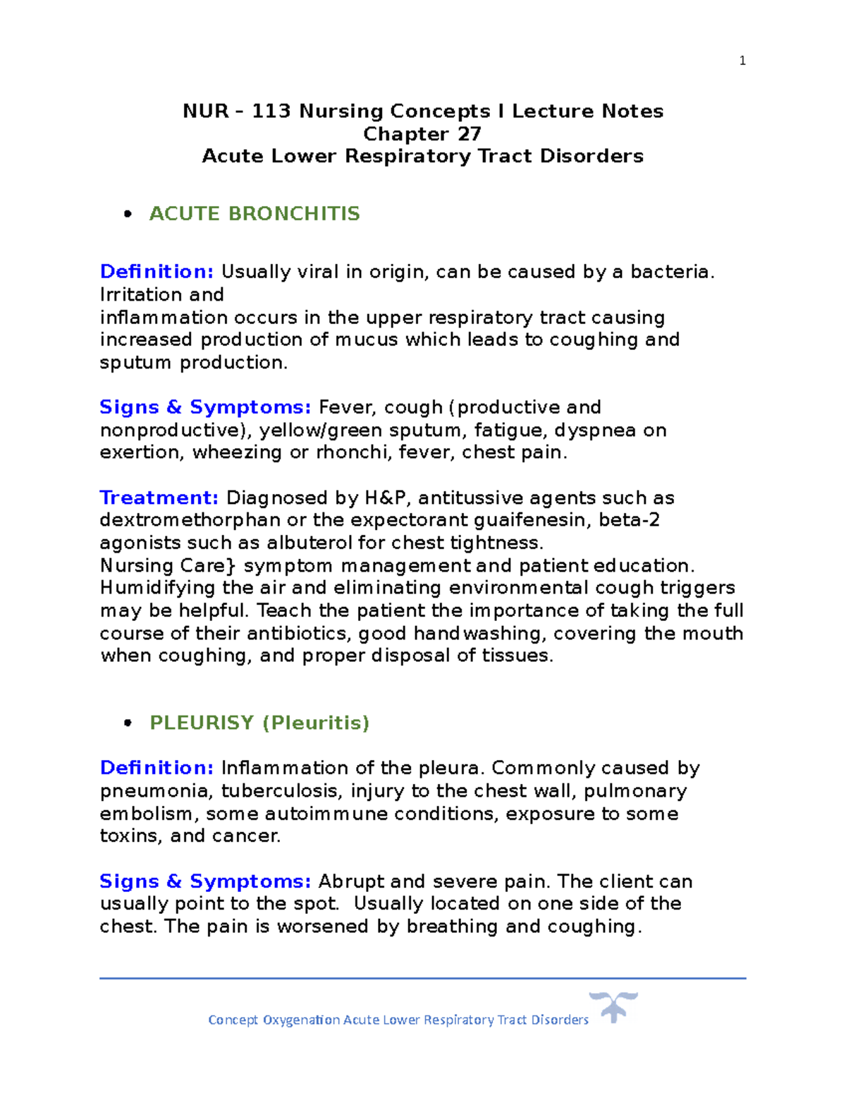 NUR 113 Acute Lower Respiratory CH 27 Revised SP2023 - NUR – 113 ...