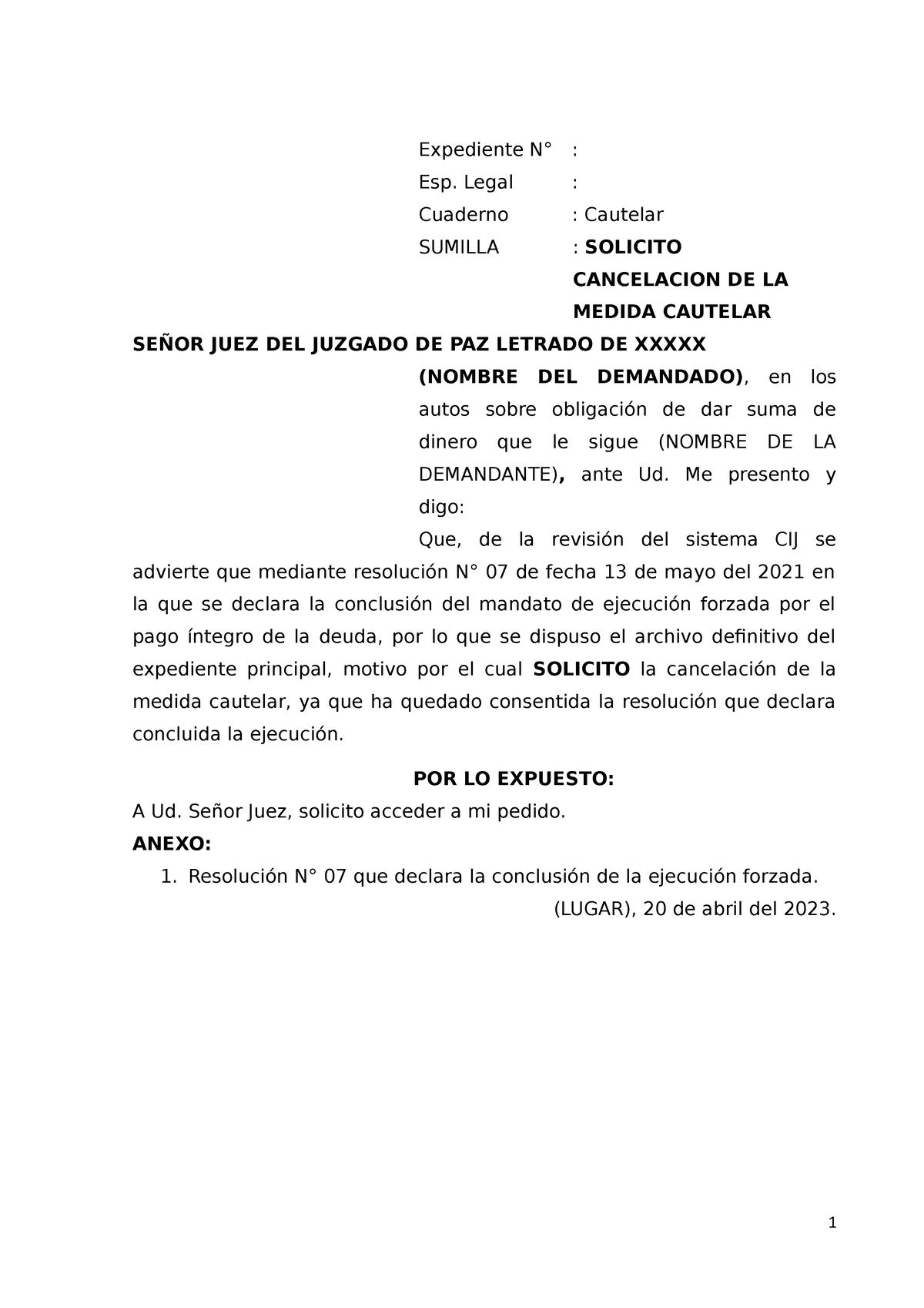 Canclacion DE Medida Cautelar - Expediente N° : Esp. Legal : Cuaderno ...