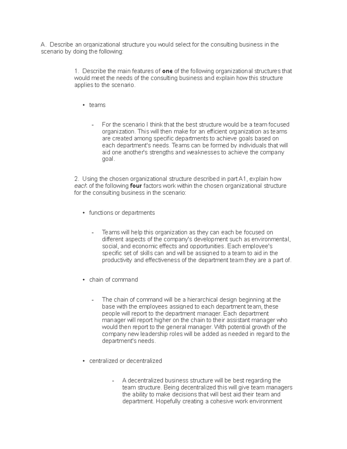 D078 Task 1 - Passing task 1 - A. Describe an organizational structure ...