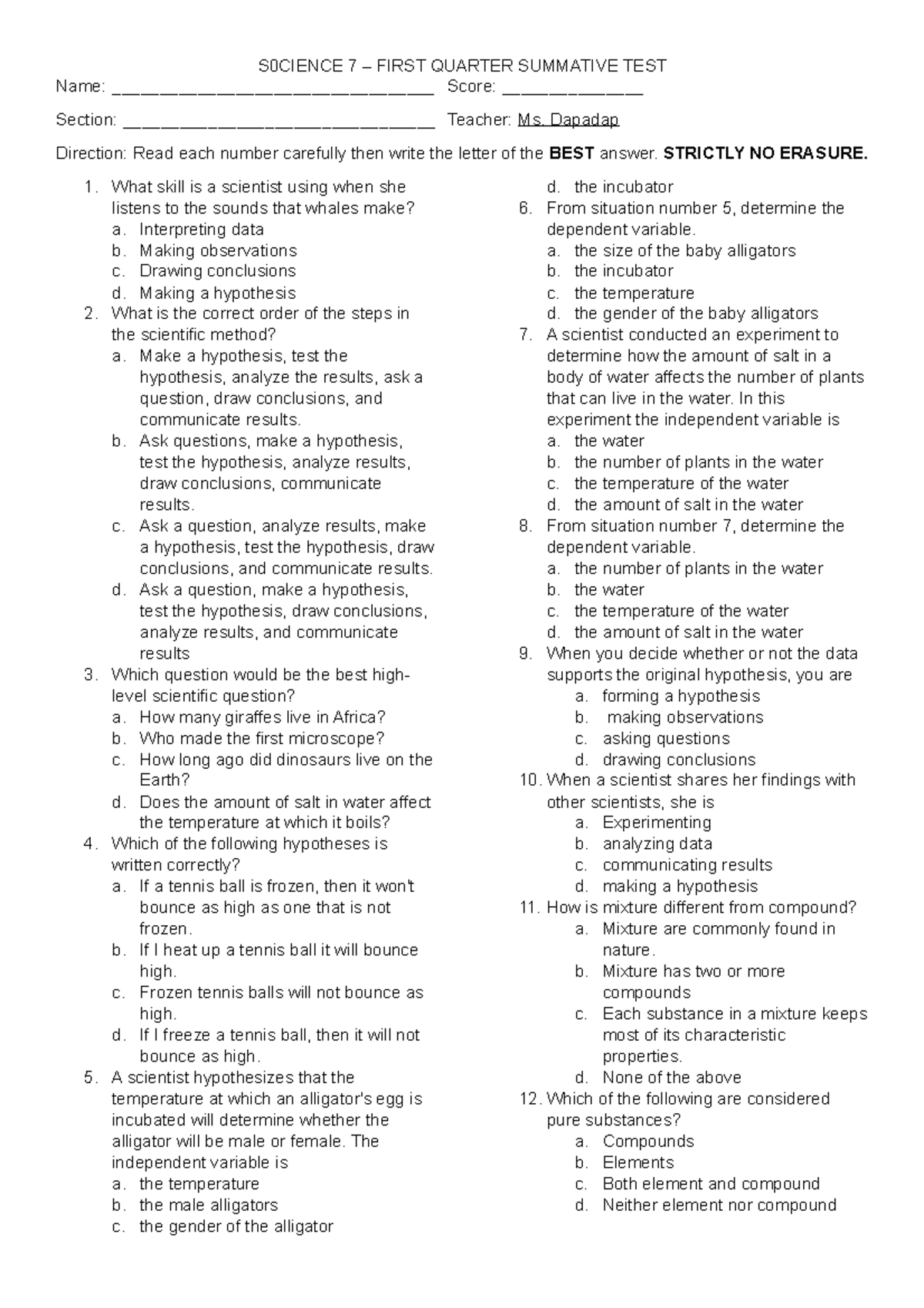 G7-1st Summative - Summary General Science - S0cience 7 – First Quarter 