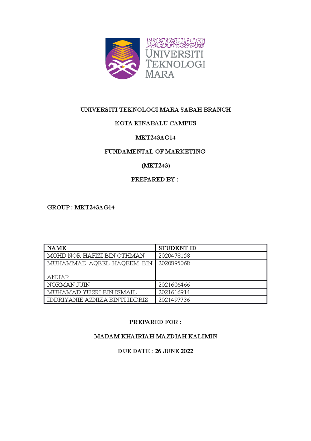 Universiti Teknologi MARA Sabah Branch  UNIVERSITI TEKNOLOGI MARA