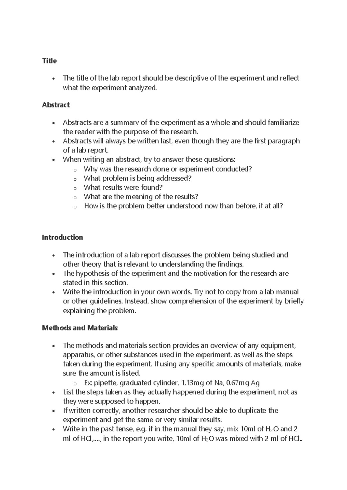 How to write Lab report - Title • The title of the lab report should be ...