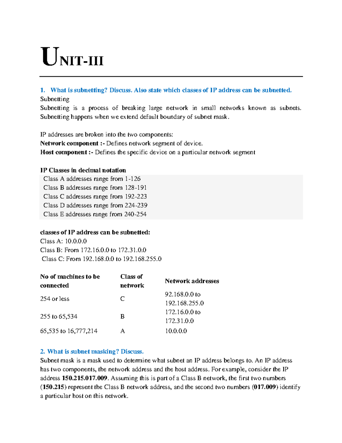 DATA LINK CONTROL - UNIT-III What is subnetting? Discuss. Also state ...