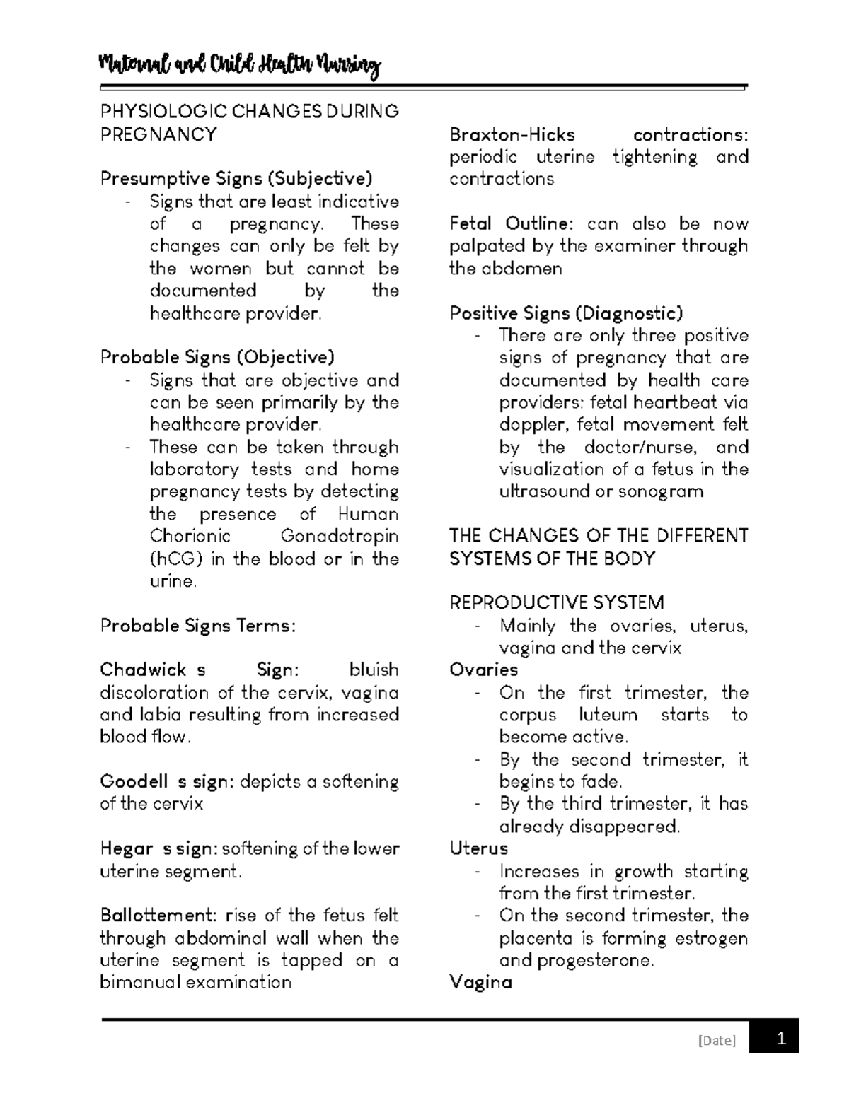 MCHN Notes Physiologic Changes Pdf - PHYSIOLOGIC CHANGES DURING ...