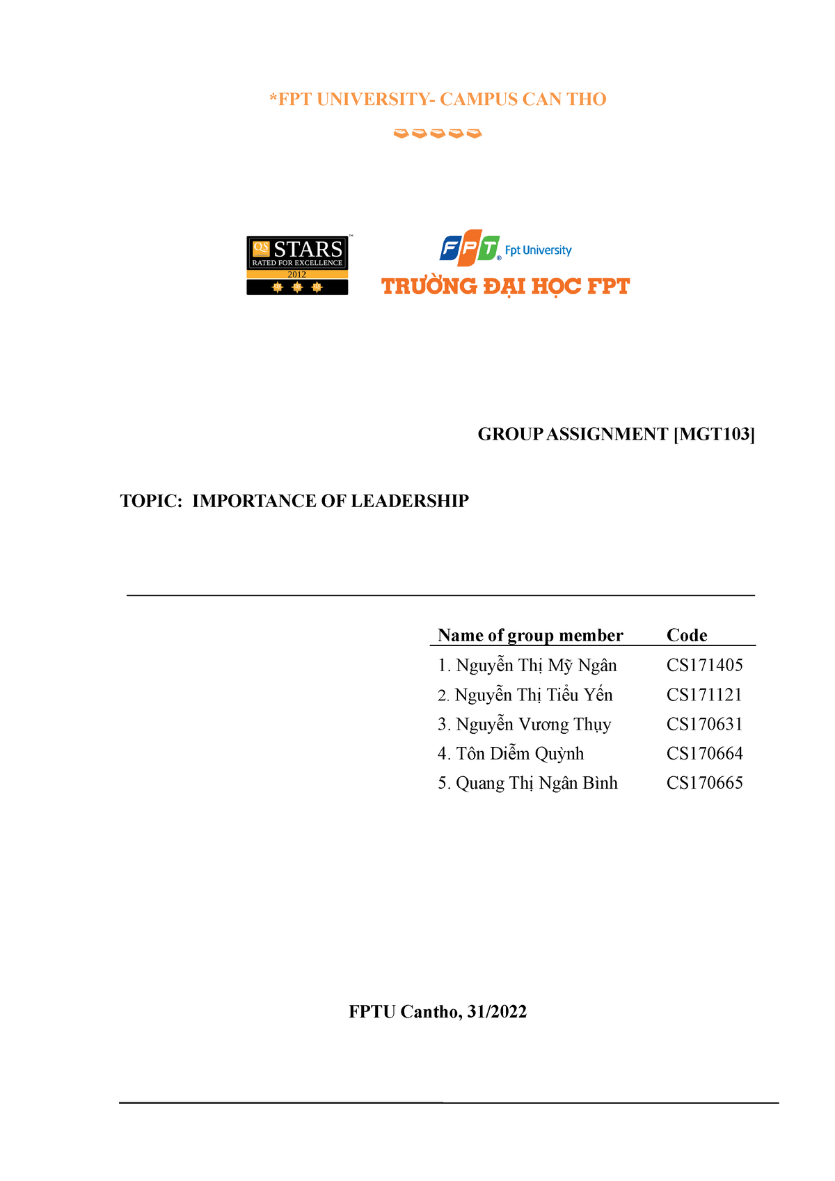 Group 3.Group Assignment.MGT103 - *FPT UNIVERSITY- CAMPUS CAN THO GROUP ...