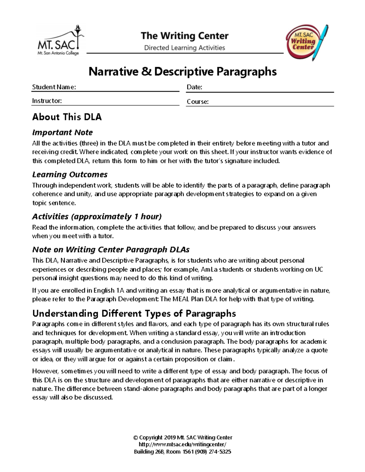 Narrative and descriptive paragraphs dla 09-03-19 - © Copyright 2019 Mt ...