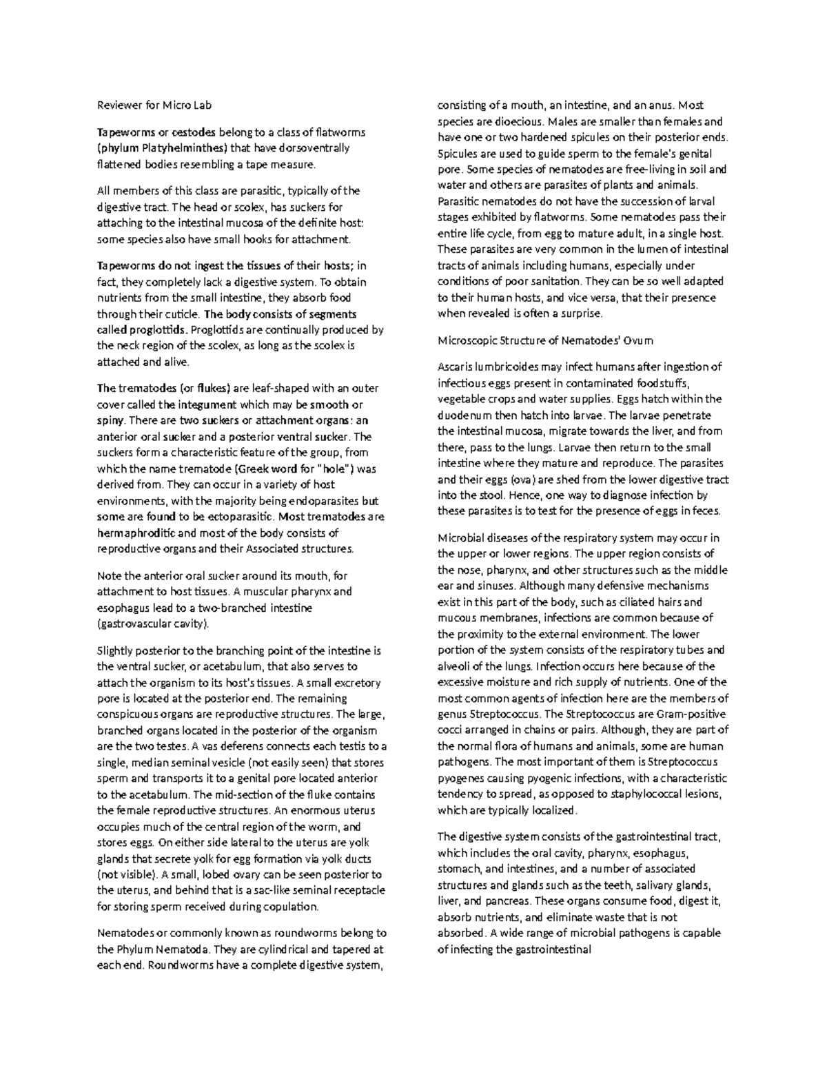 Reviewer for Micro Lab - Reviewer for Micro Lab Tapeworms or cestodes ...