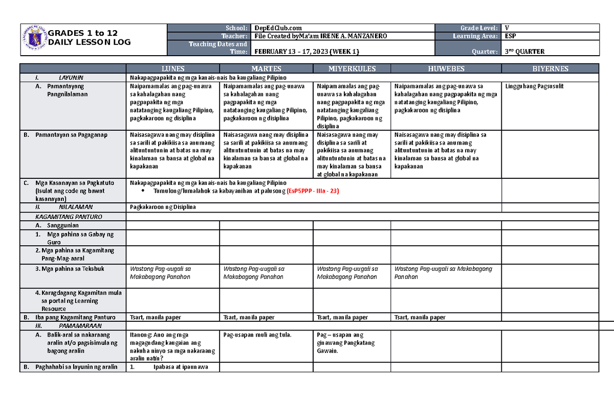 Dll Esp 5 Q3 W1 Pretest Grades 1 To 12 Daily Lesson Log School Depedclub Grade Level V 4586