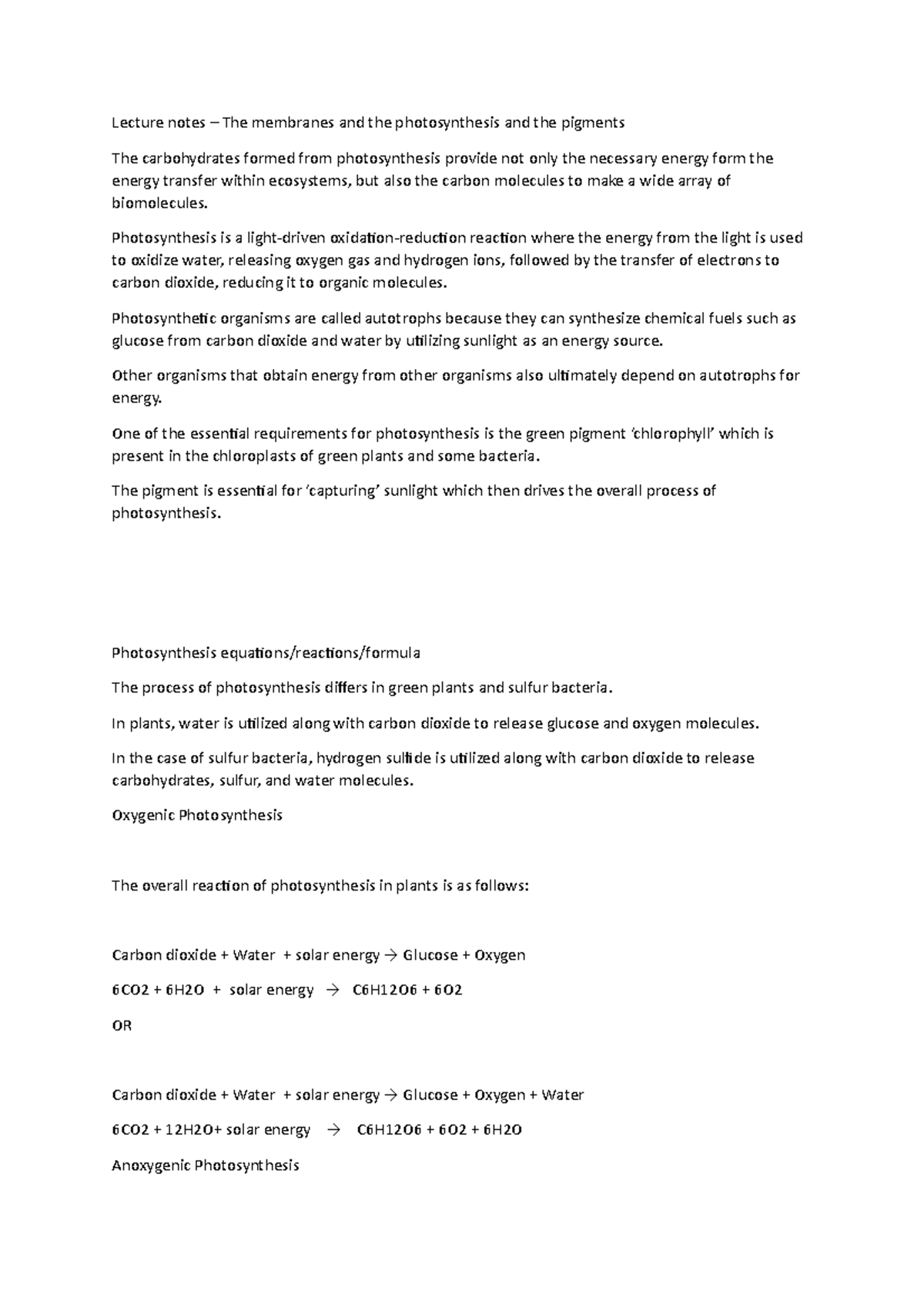 Lecture notes – The membranes and the photosynthesis and the pigments ...