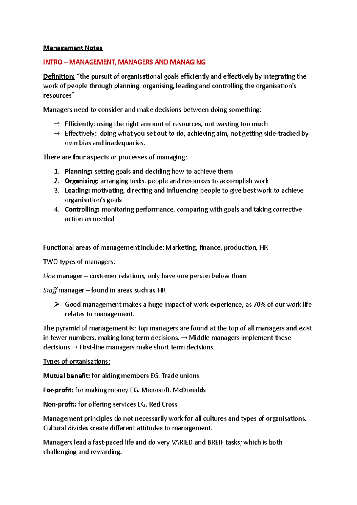 BBA102 Notes - Management Notes INTRO – MANAGEMENT, MANAGERS AND ...