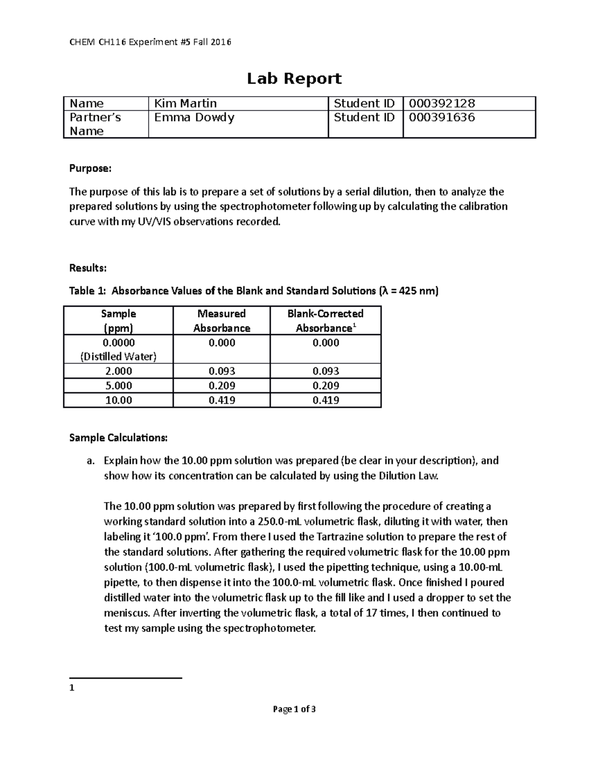 Experiment 5 Complete CHEM CH116 Experiment 5 Fall 2016 Lab Report