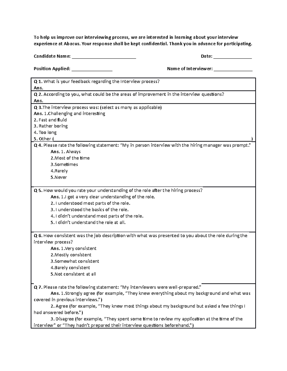 Candidate Experience Form - To help us improve our interviewing process ...