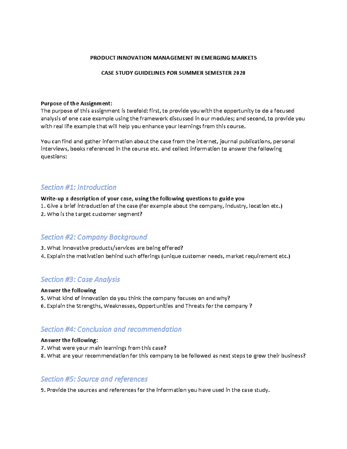 Case study guidelines SS 30 - PRODUCT INNOVATION MANAGEMENT IN